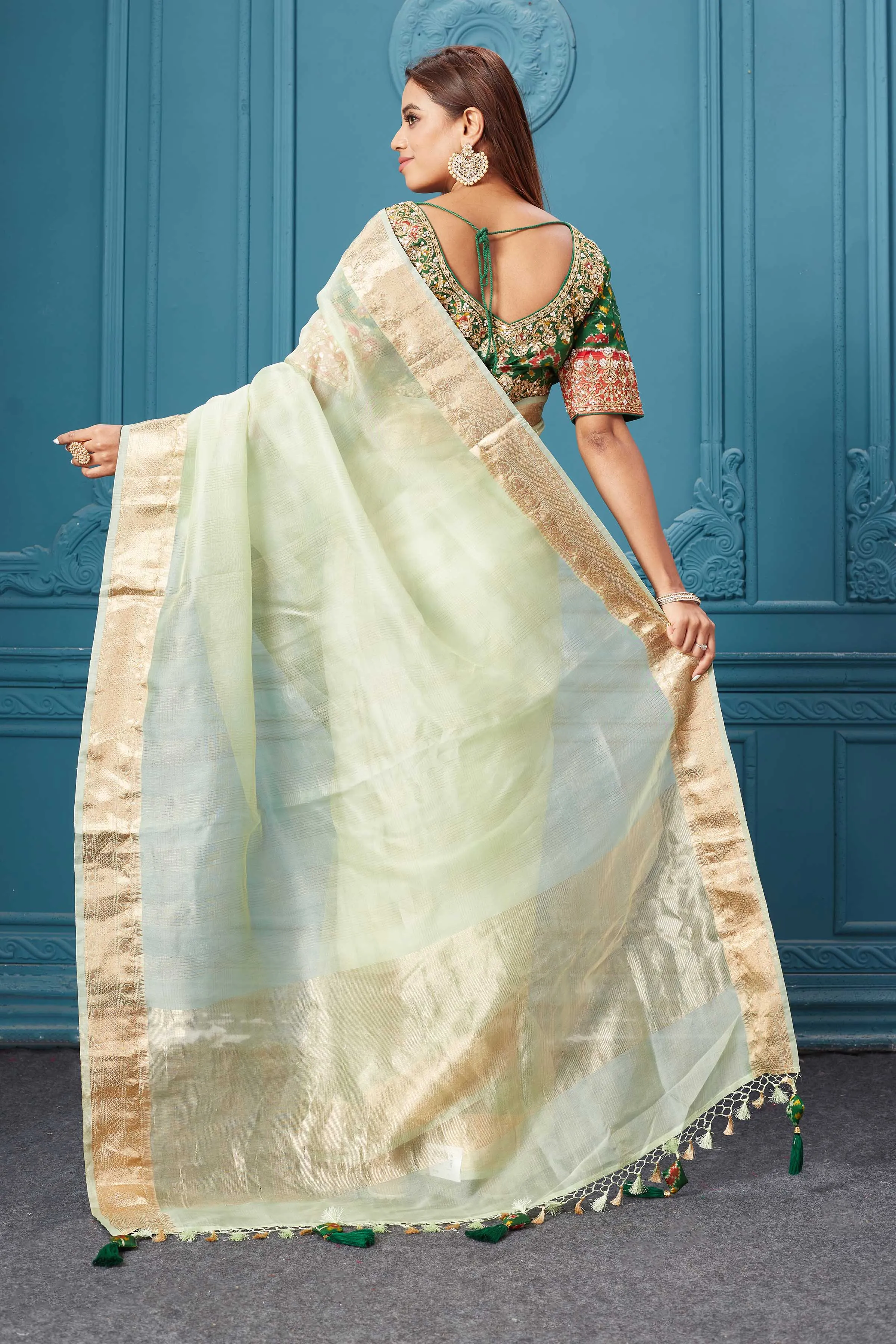 91A084 Pista Green Organza Silk Saree with Green Patola Blouse