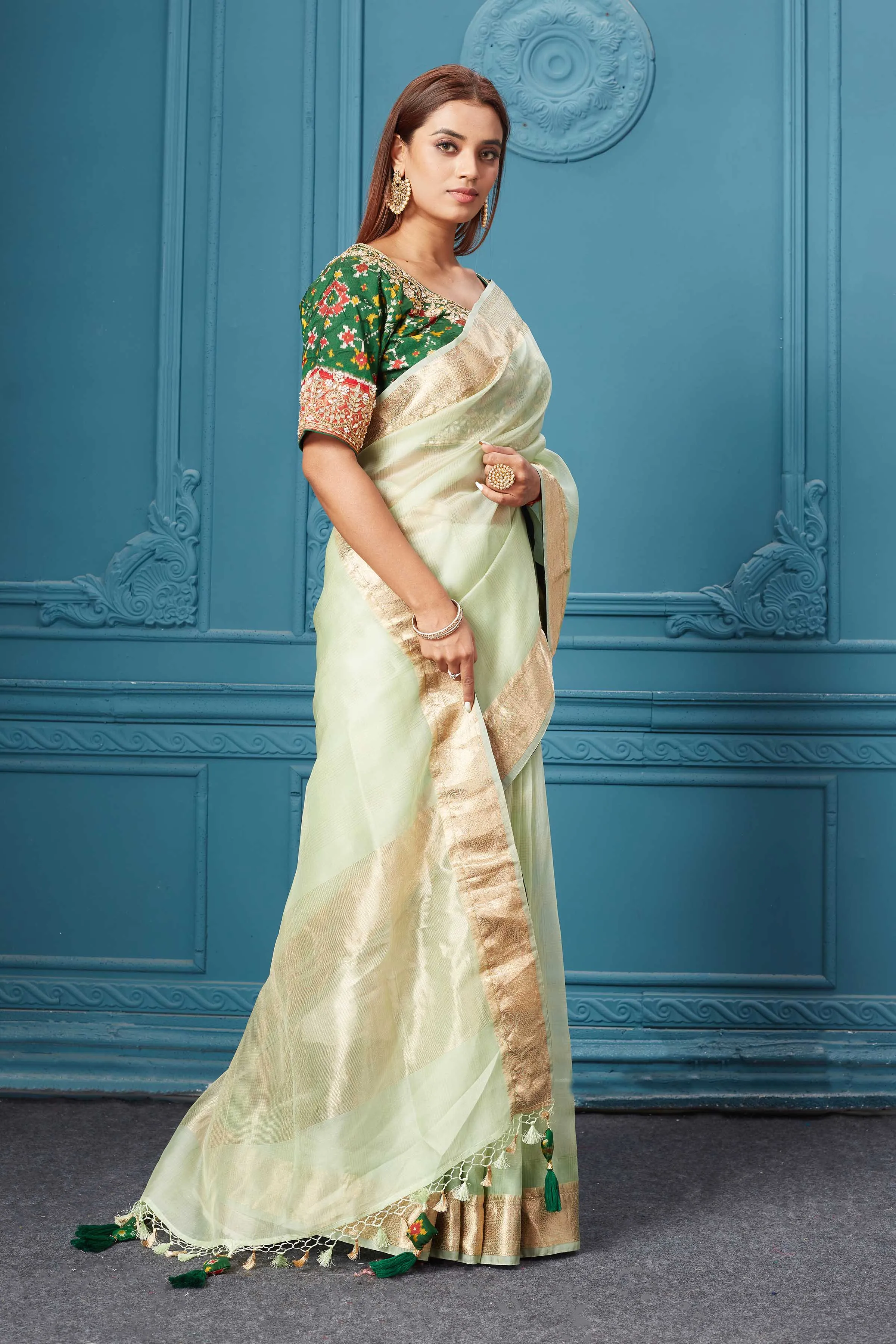 91A084 Pista Green Organza Silk Saree with Green Patola Blouse