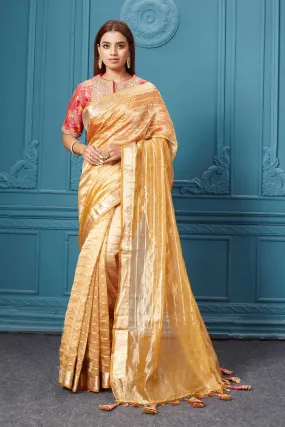 91A087 Golden Yellow Organza Silk Saree with Pink Embroidered Blouse