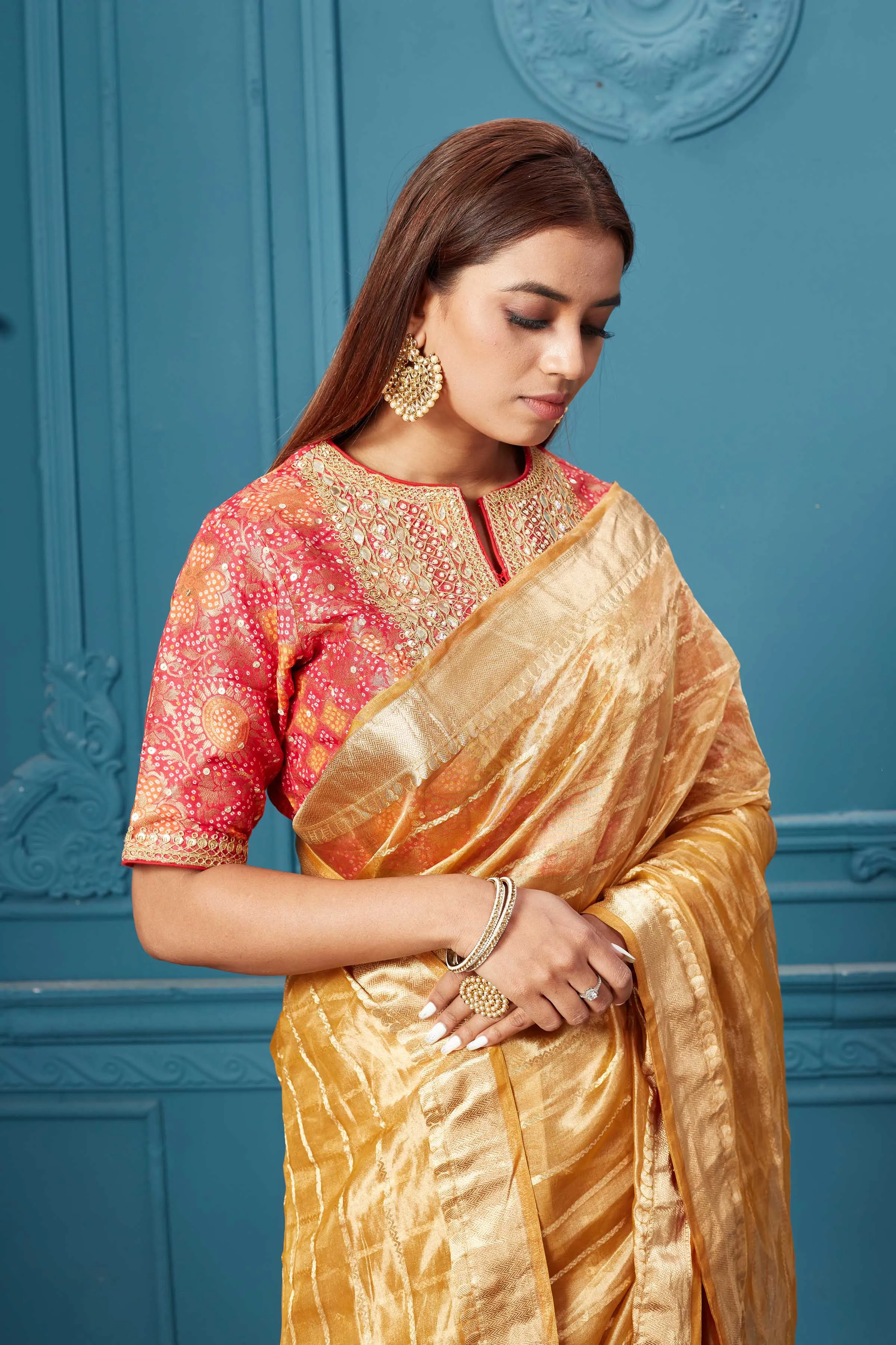 91A087 Golden Yellow Organza Silk Saree with Pink Embroidered Blouse