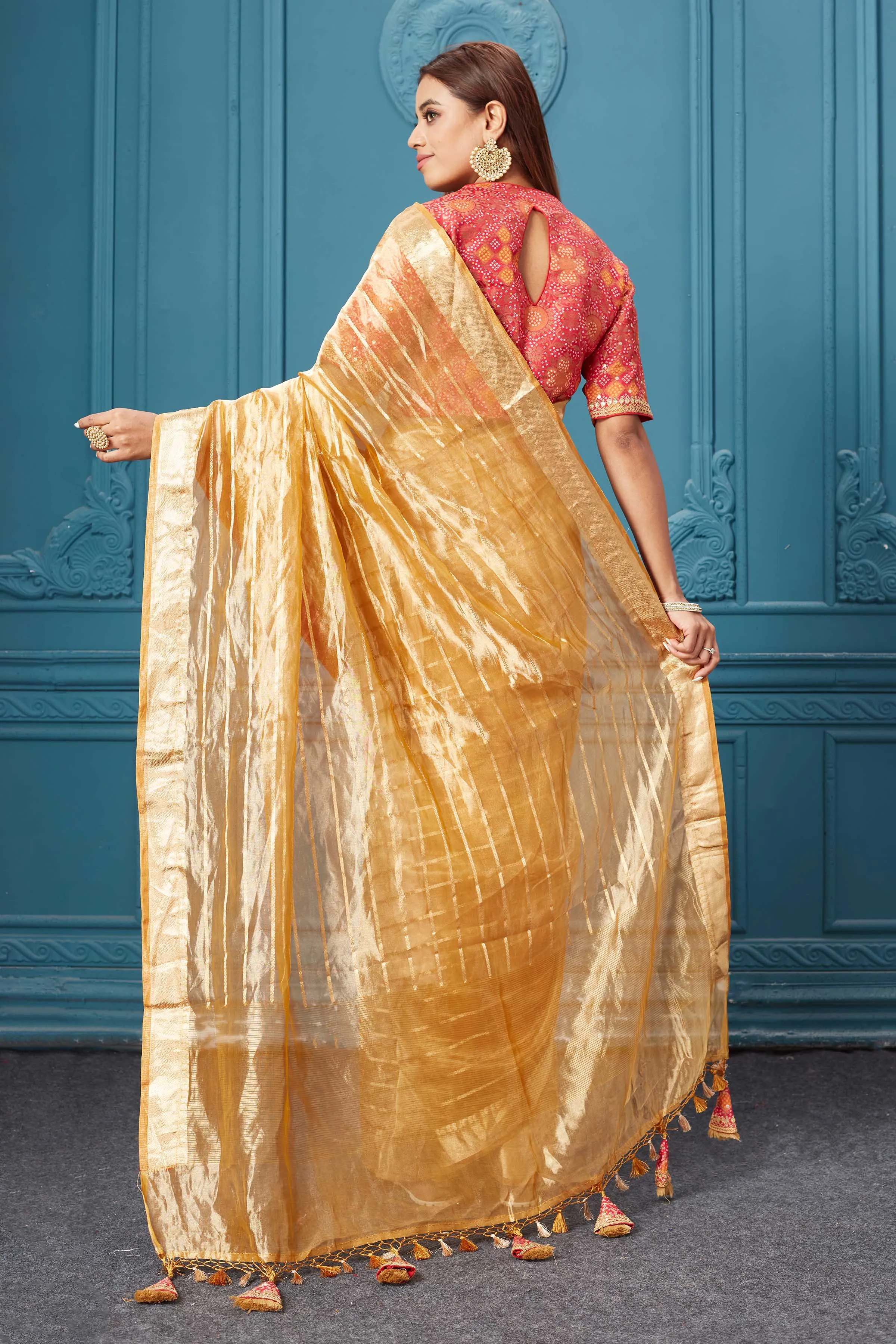 91A087 Golden Yellow Organza Silk Saree with Pink Embroidered Blouse