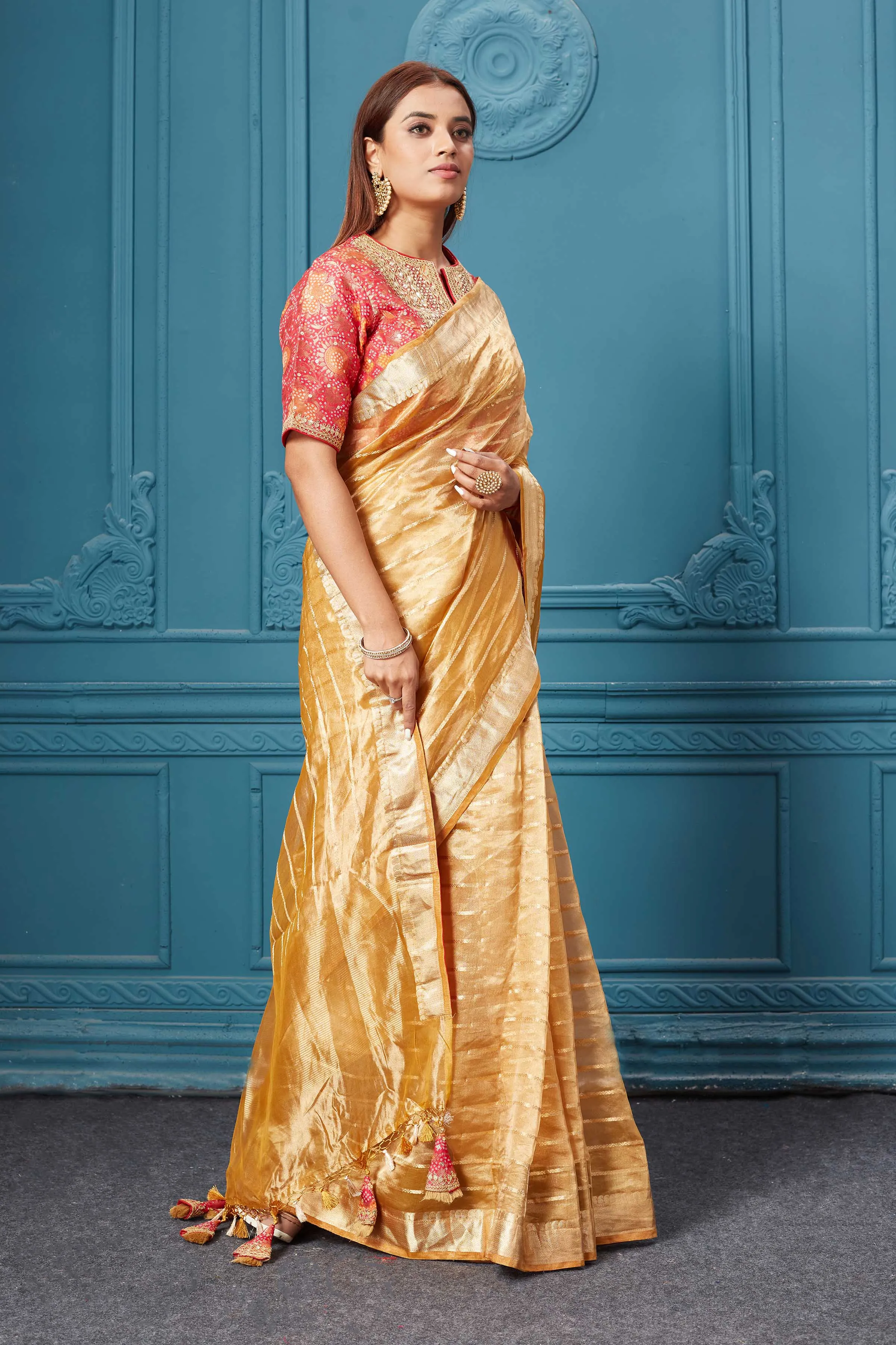 91A087 Golden Yellow Organza Silk Saree with Pink Embroidered Blouse