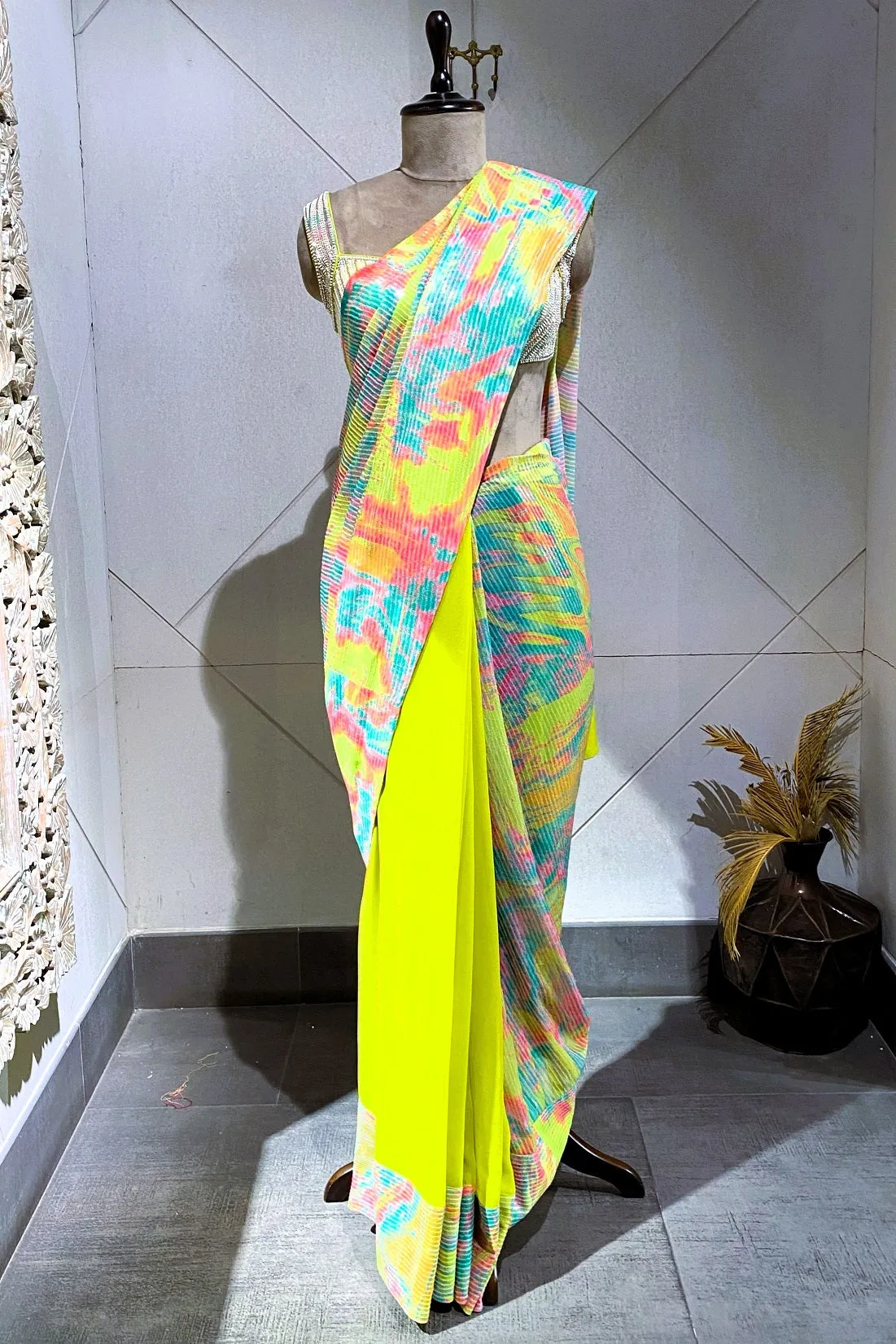 91A360 Lime Green Tie and Dye Saree with Designer Blouse