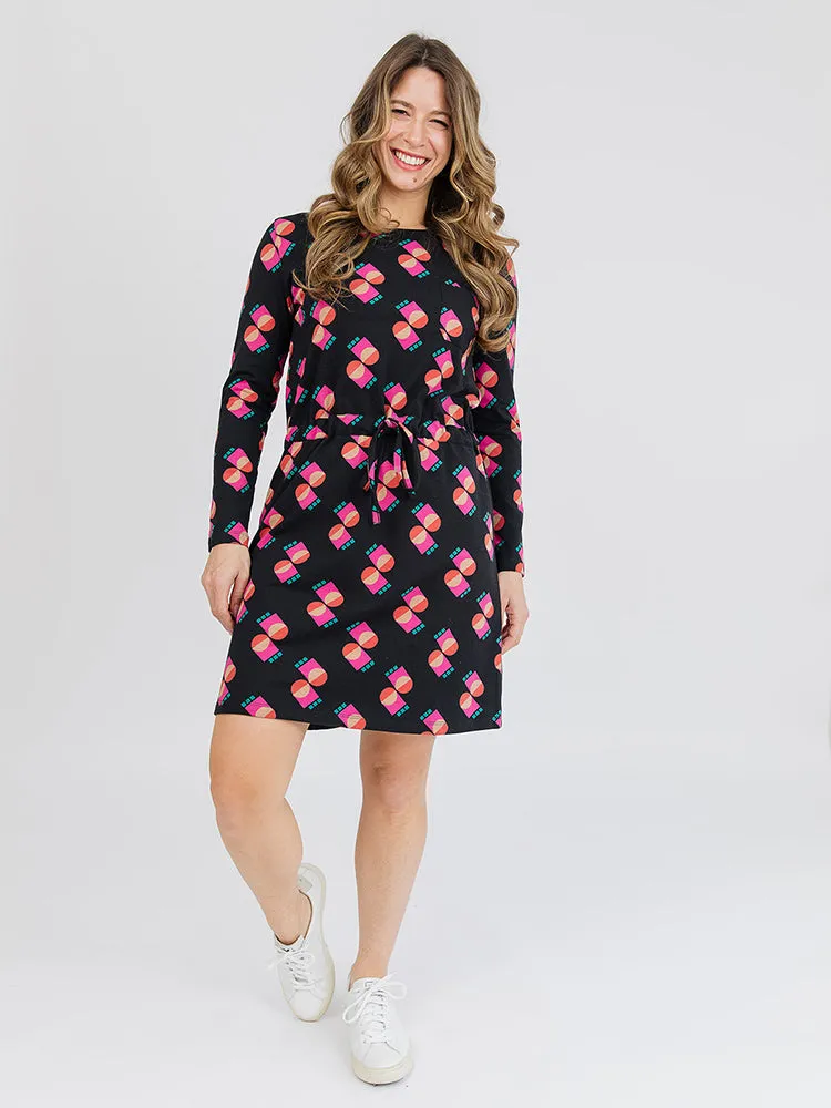 Abby Long Sleeve Dress - Memphis Shapes Black