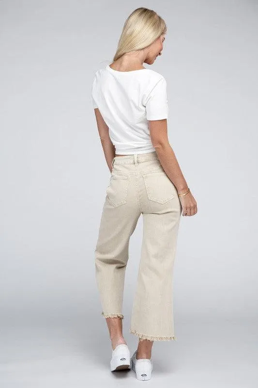 Acid Washed High Waist Frayed Hem Straight Pants Jeans