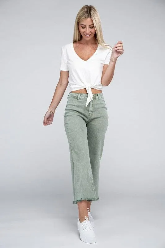 Acid Washed High Waist Frayed Hem Straight Pants Jeans