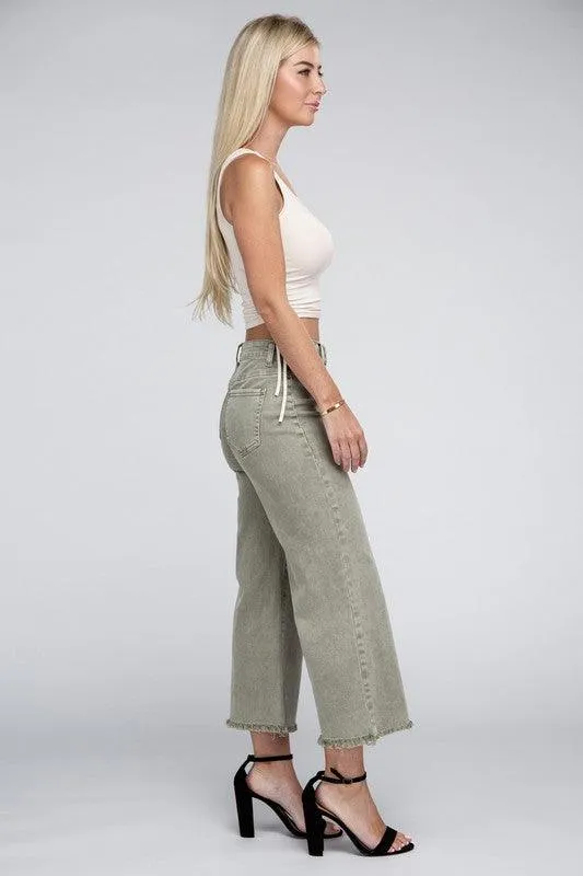 Acid Washed High Waist Frayed Hem Straight Pants Jeans