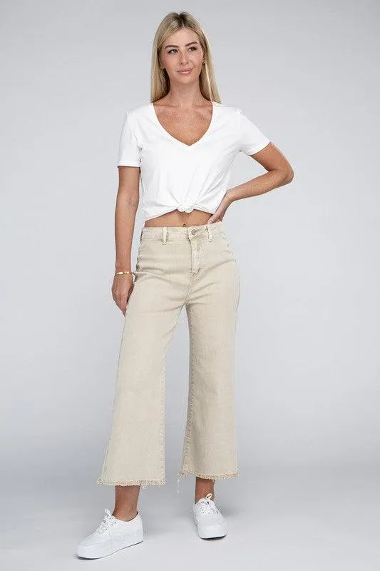 Acid Washed High Waist Frayed Hem Straight Pants Jeans