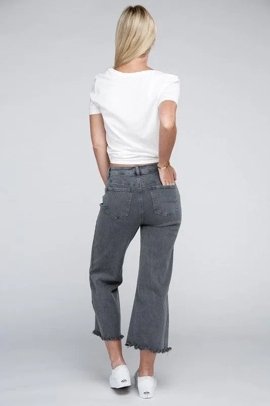 Acid Washed High Waist Frayed Hem Straight Pants Jeans