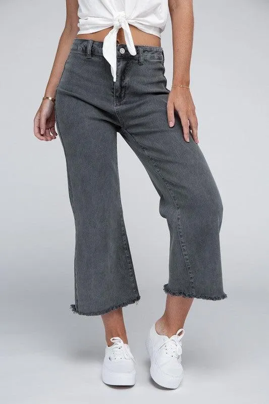 Acid Washed High Waist Frayed Hem Straight Pants Jeans