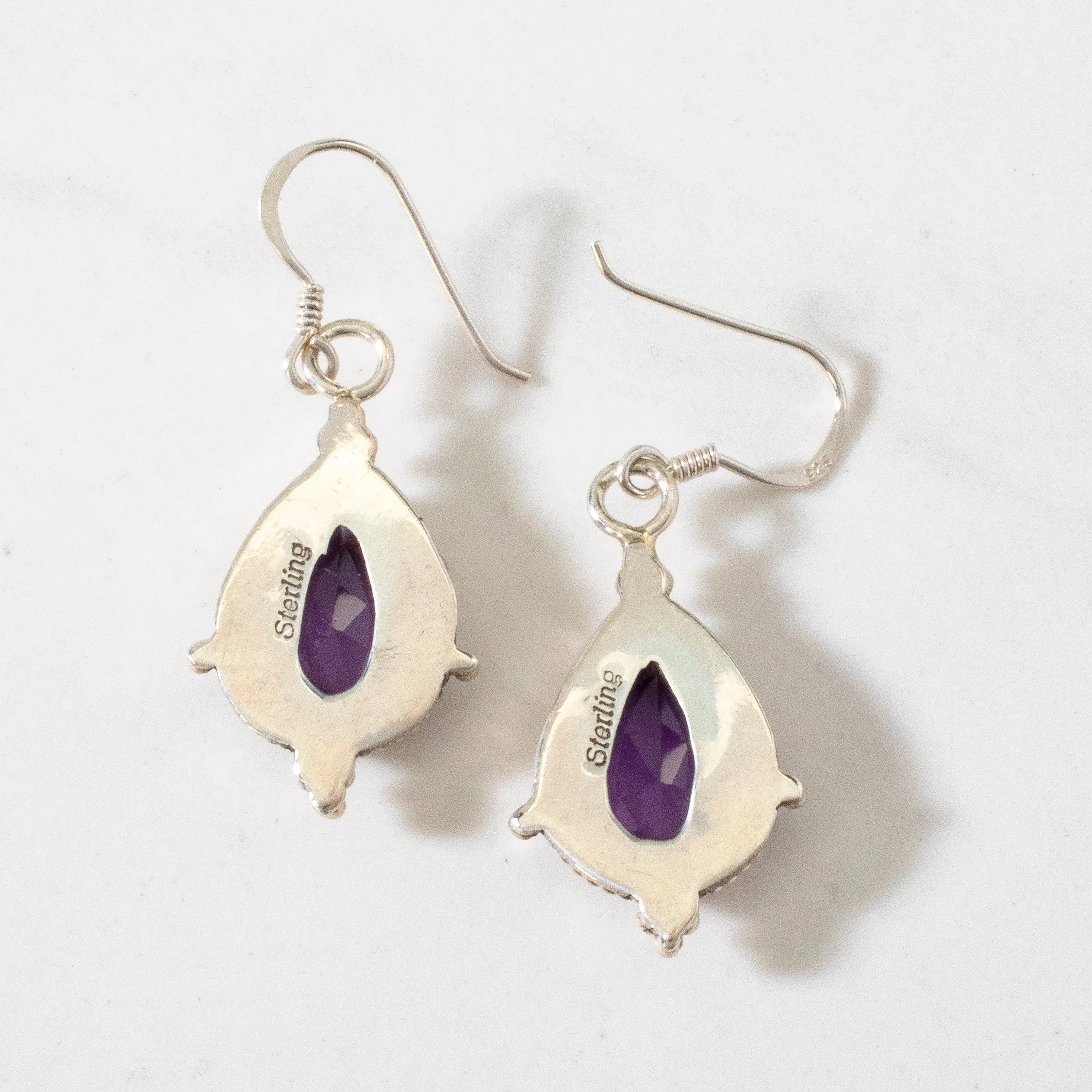 Amethyst Teardrop Navajo USA Native American Made 925 Sterling Silver Earrings with French Hook