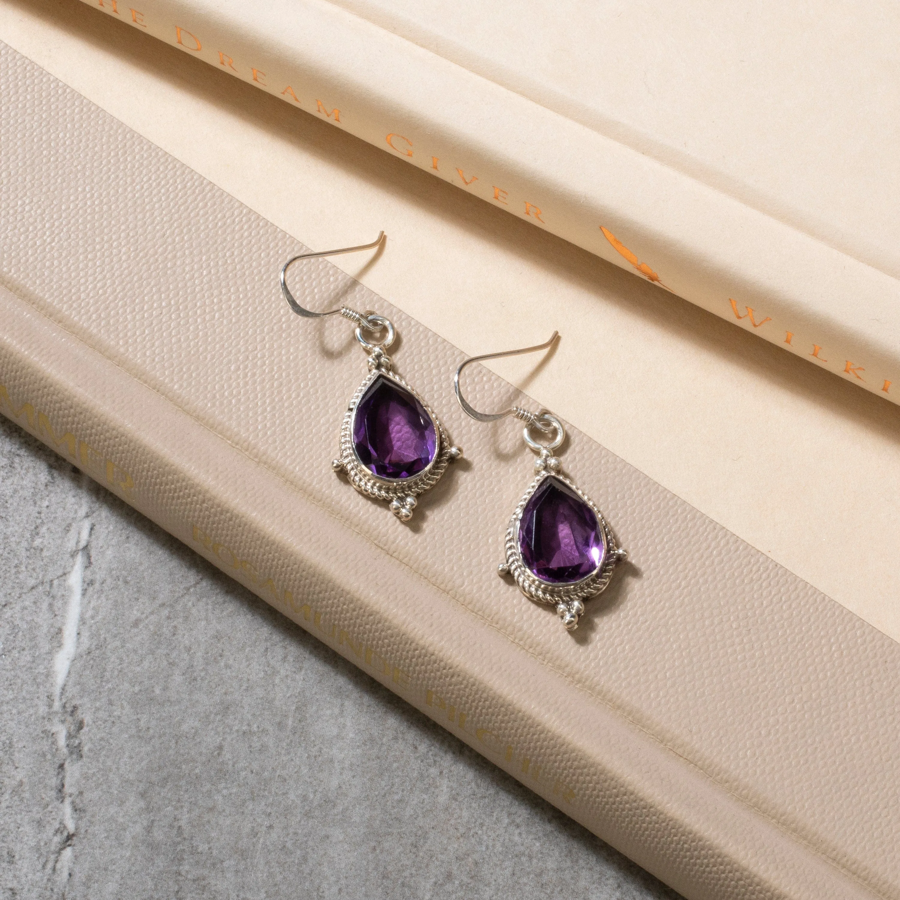 Amethyst Teardrop Navajo USA Native American Made 925 Sterling Silver Earrings with French Hook