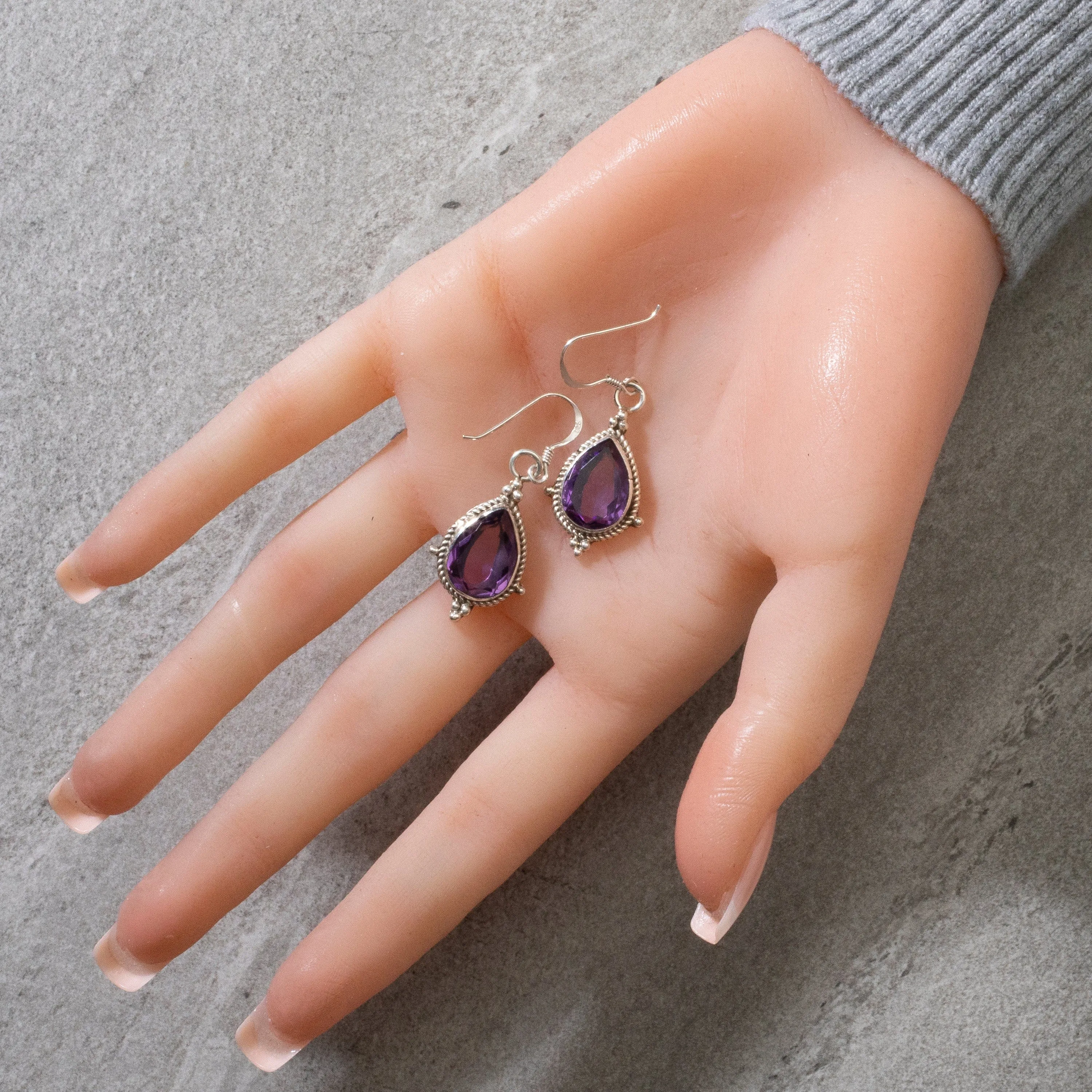 Amethyst Teardrop Navajo USA Native American Made 925 Sterling Silver Earrings with French Hook