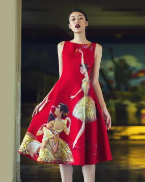 Ballet Dancers-painted Tweed Red Midi Dress