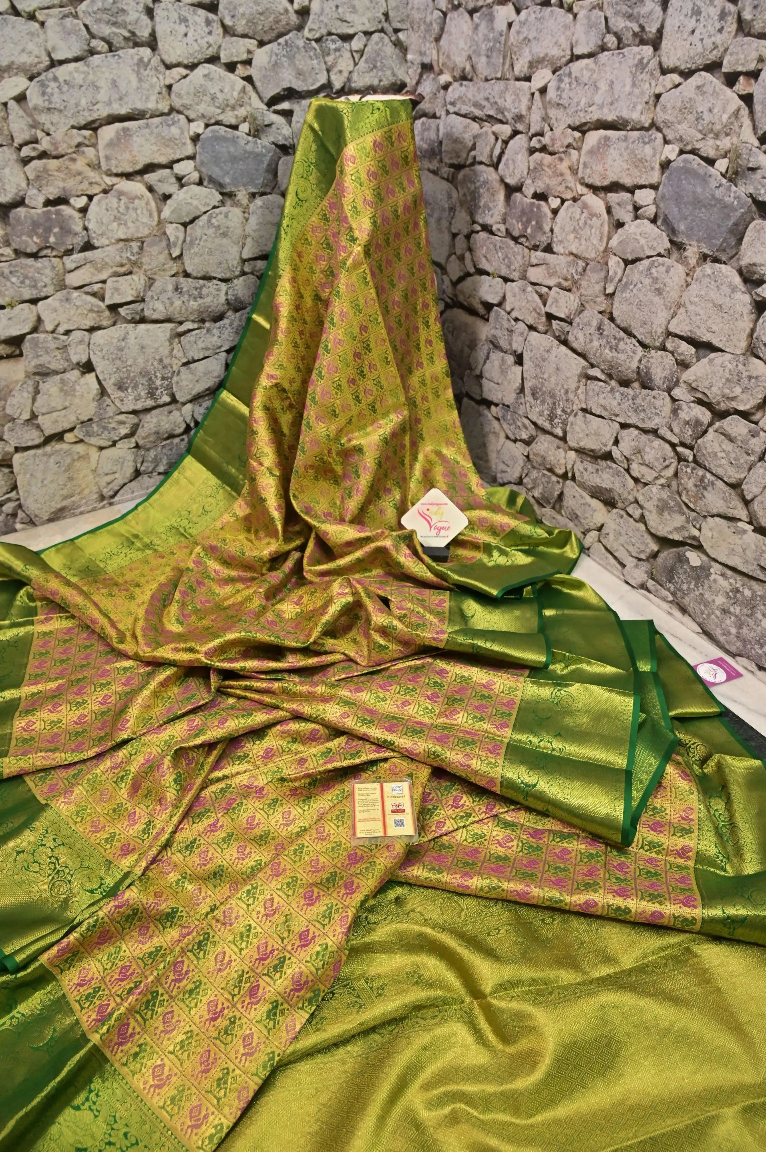 Banana Green Color Pure Tissue Kanjeevaram Silk Saree in Ikat Pattern