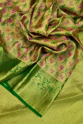 Banana Green Color Pure Tissue Kanjeevaram Silk Saree in Ikat Pattern