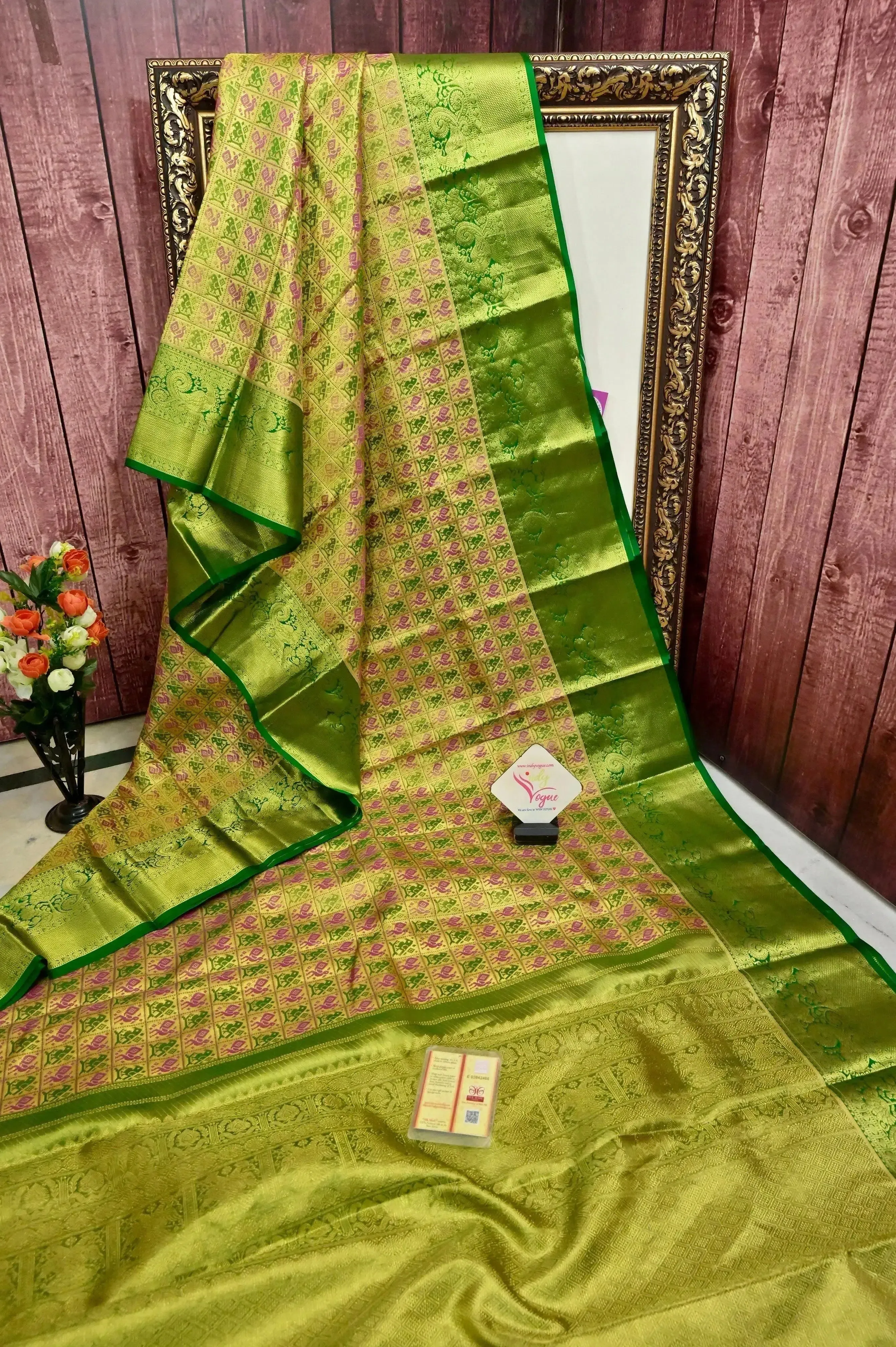 Banana Green Color Pure Tissue Kanjeevaram Silk Saree in Ikat Pattern