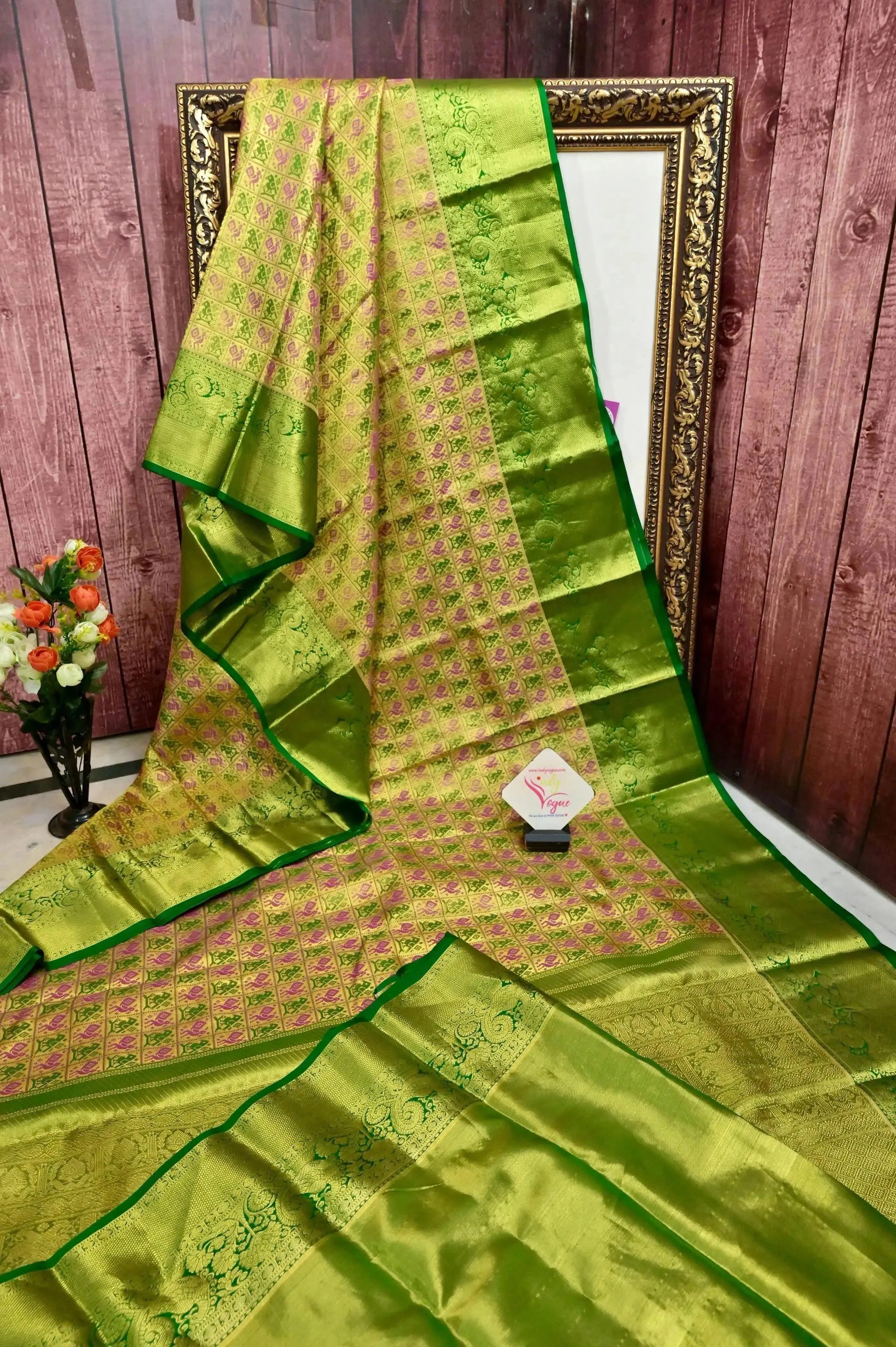 Banana Green Color Pure Tissue Kanjeevaram Silk Saree in Ikat Pattern