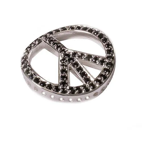 Bead Thru Peace Sign 27mm Oxidized Silver with Jet CZ (1 Piece)