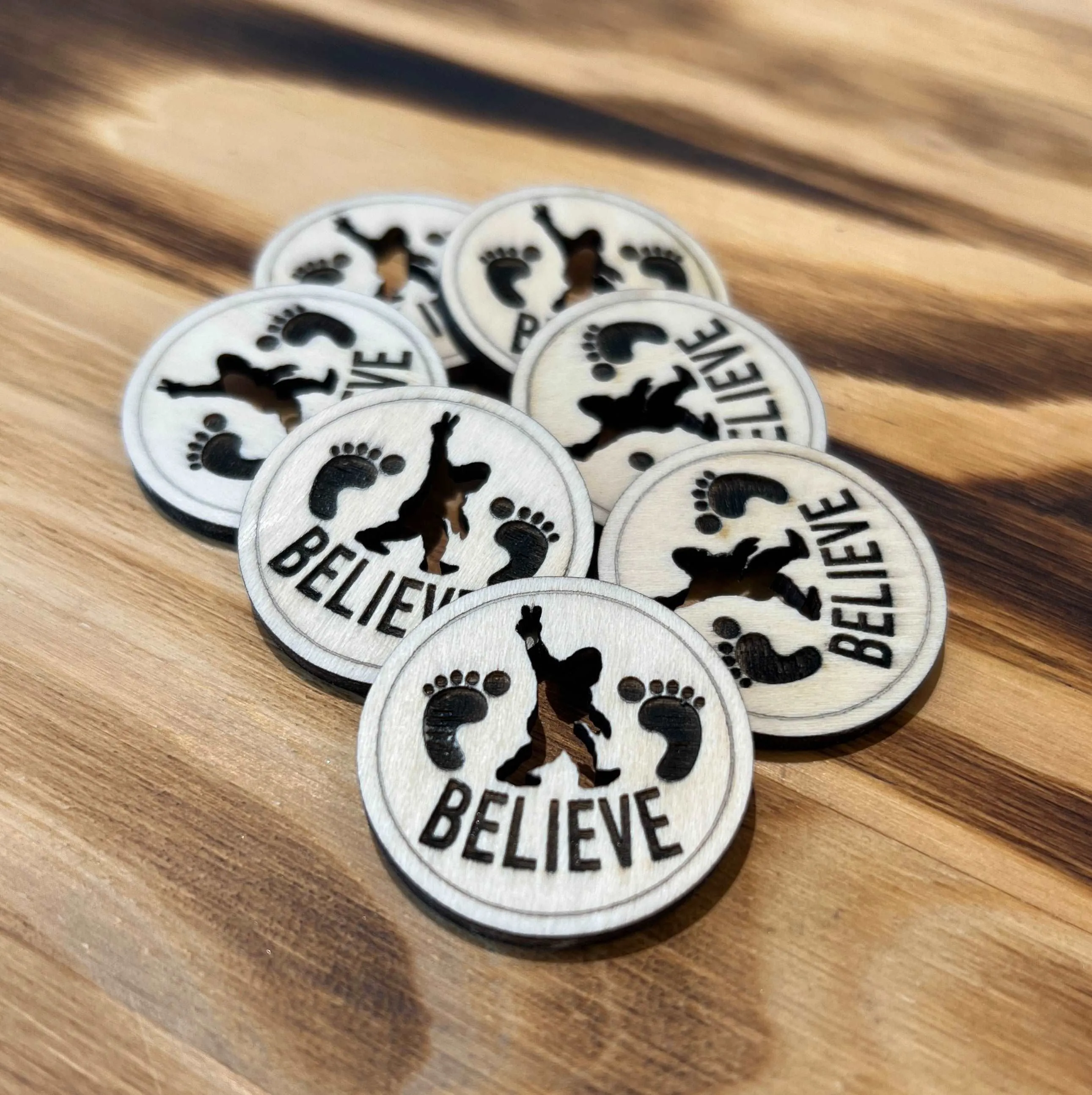 Big Foot Sasquatch Believe Wooden Charm Pocket Token