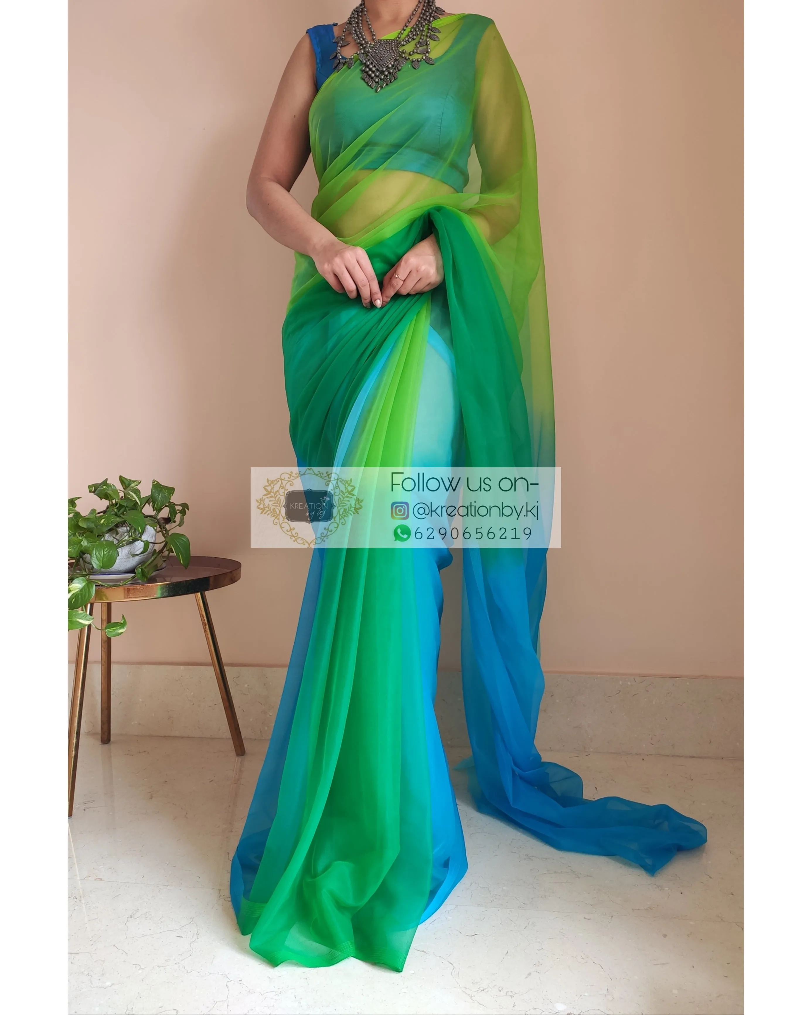 Blue And Green Ombré Dip Dyed Net Saree