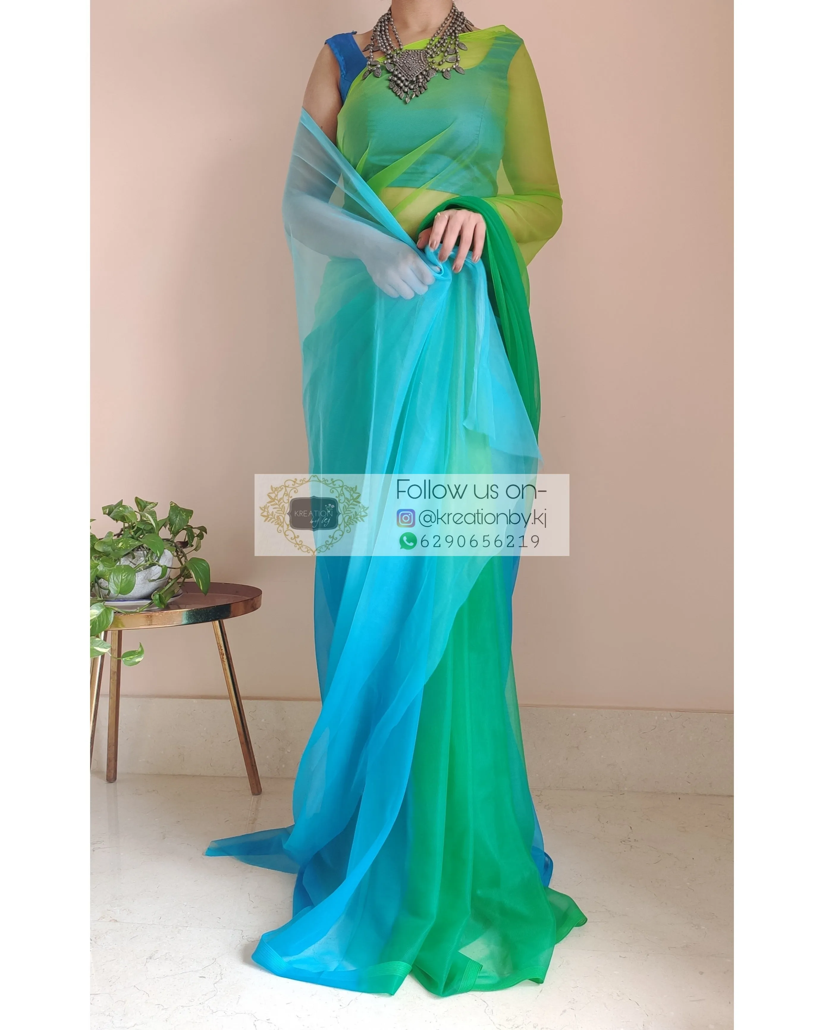 Blue And Green Ombré Dip Dyed Net Saree