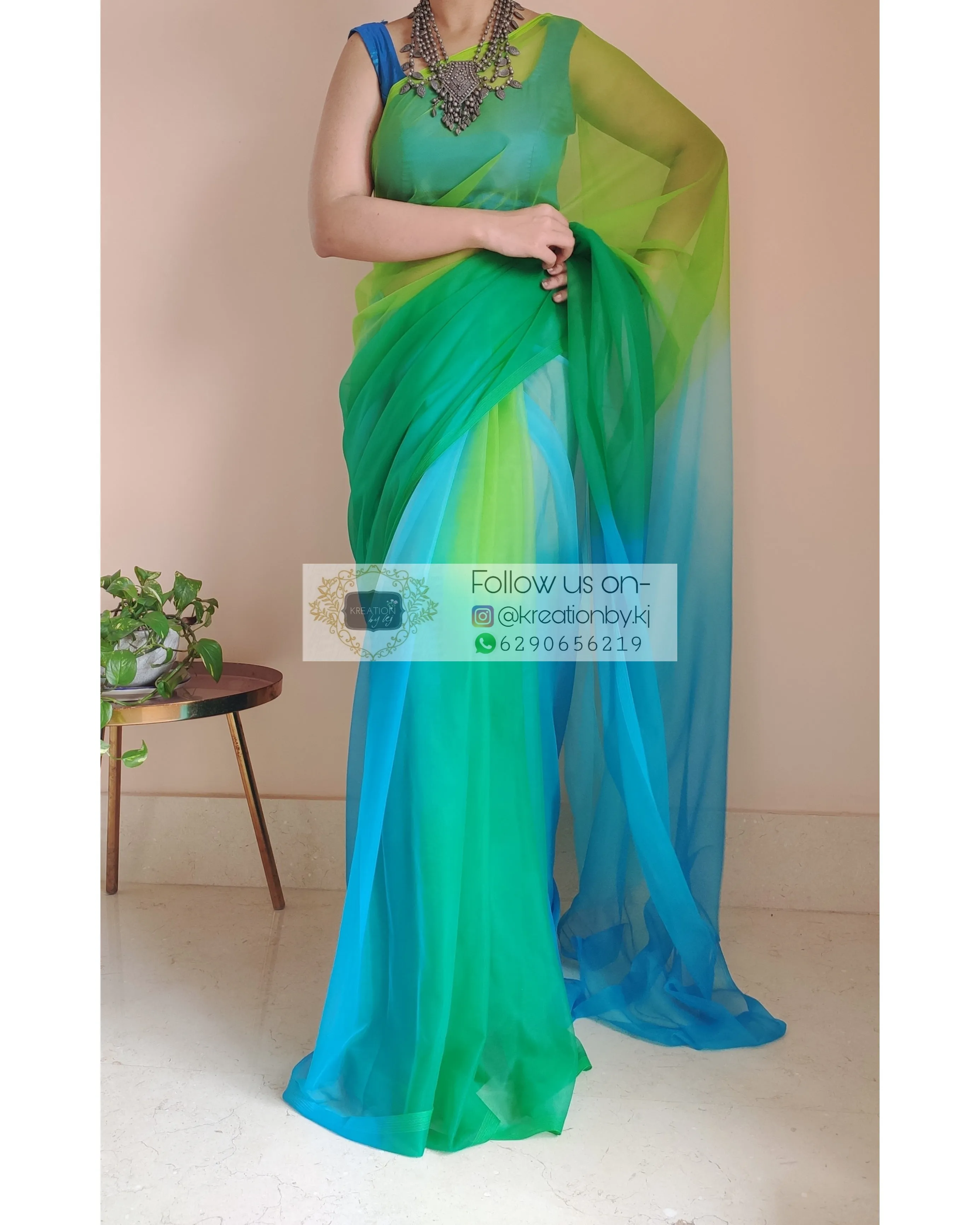 Blue And Green Ombré Dip Dyed Net Saree