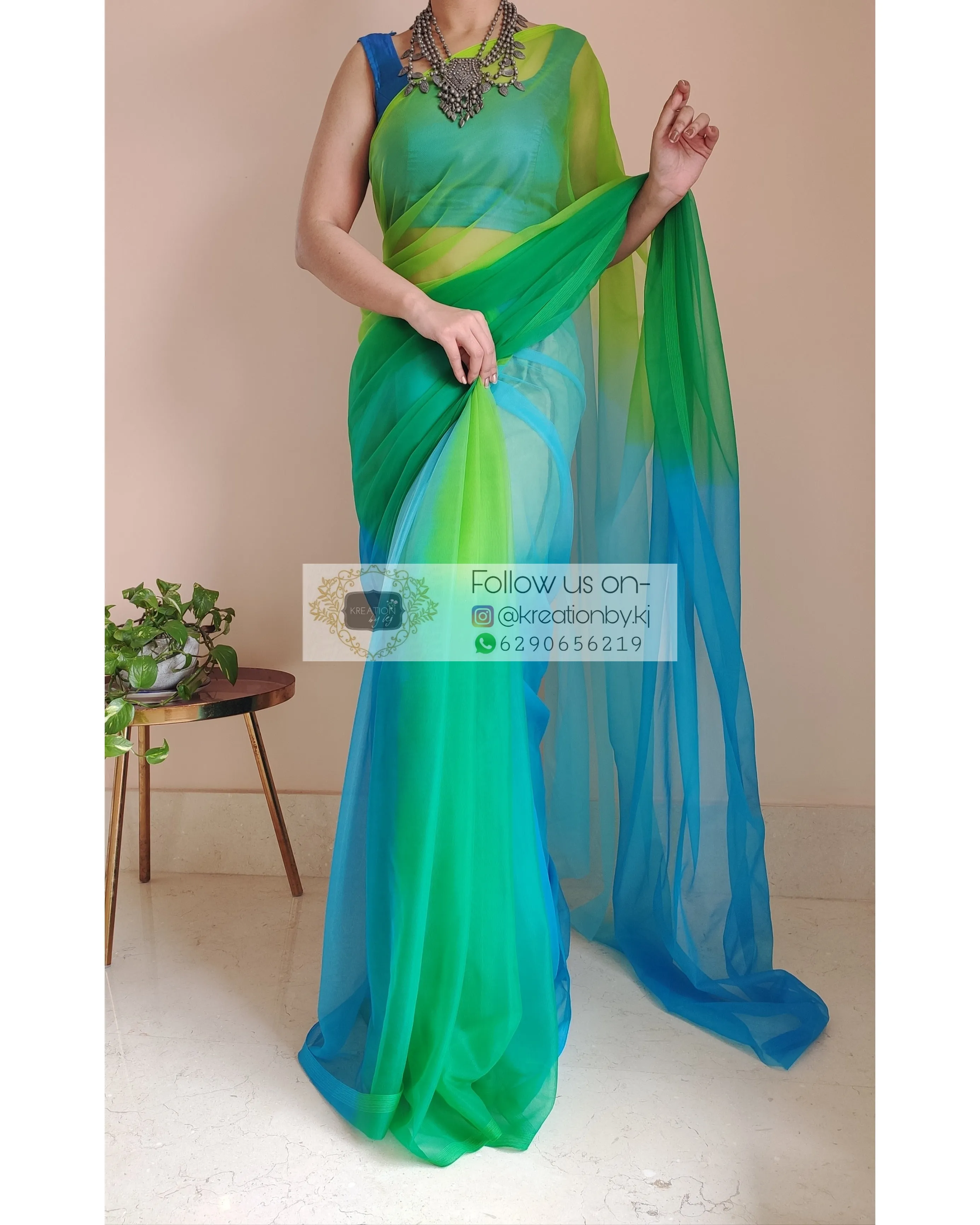 Blue And Green Ombré Dip Dyed Net Saree