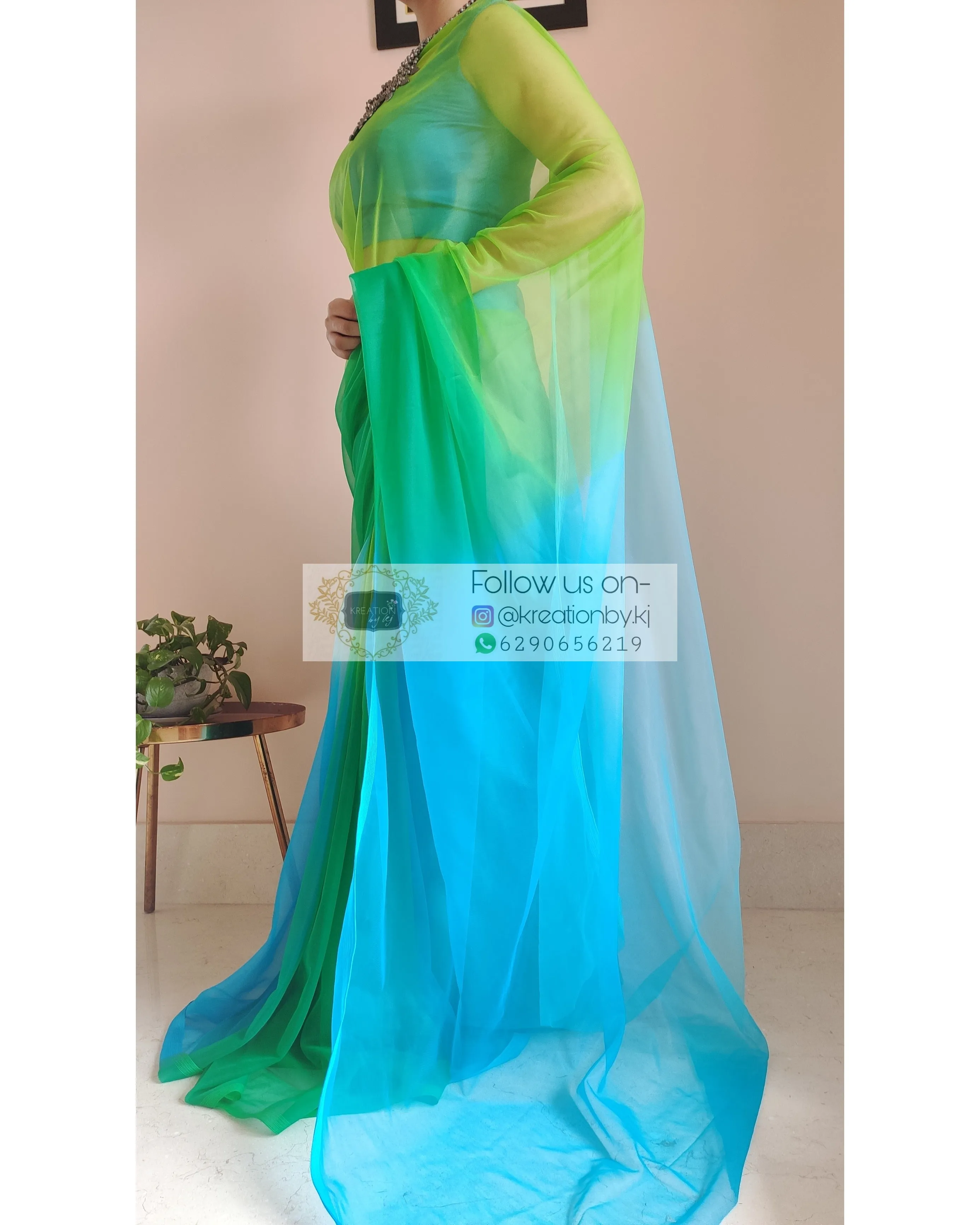 Blue And Green Ombré Dip Dyed Net Saree