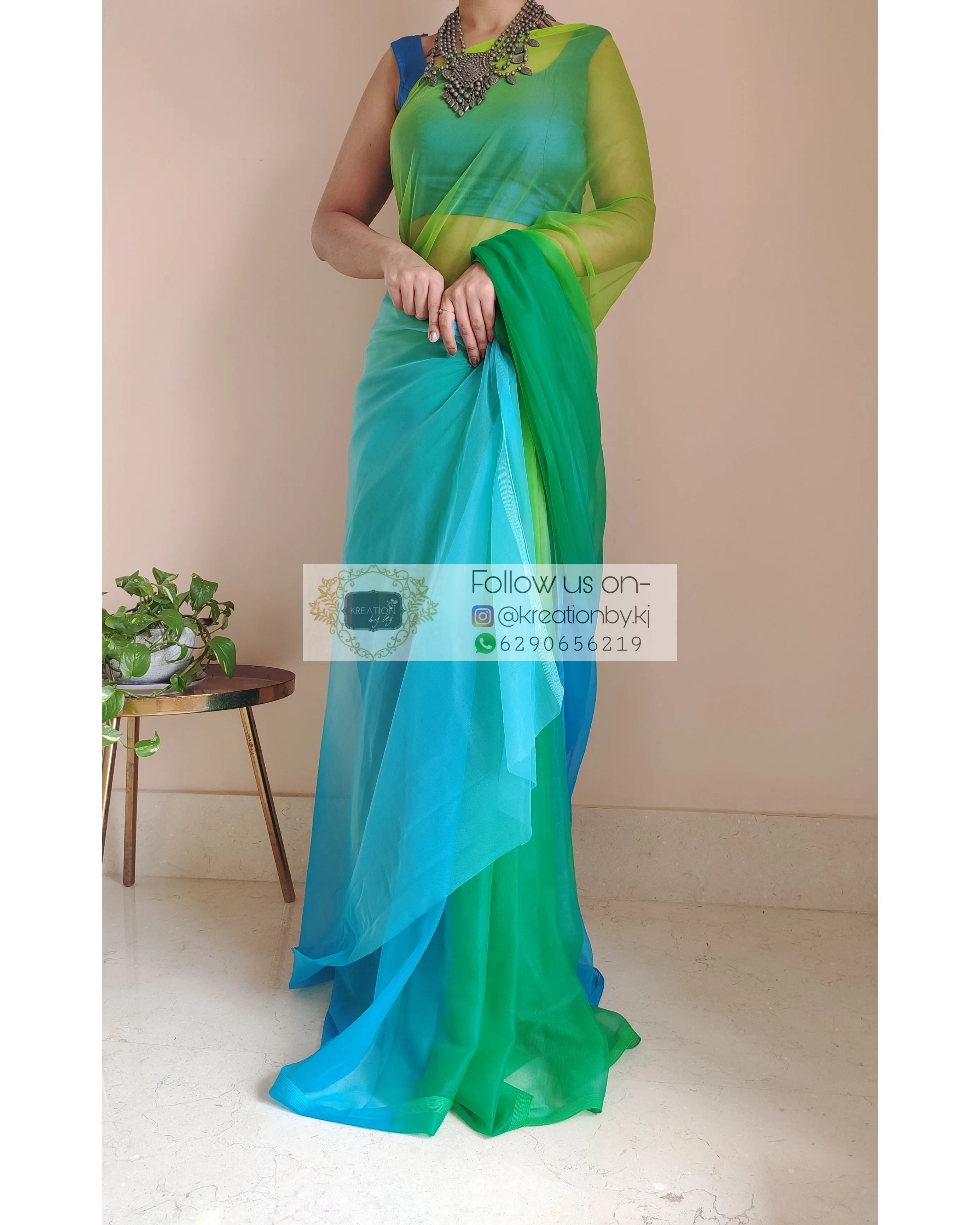 Blue And Green Ombré Dip Dyed Net Saree