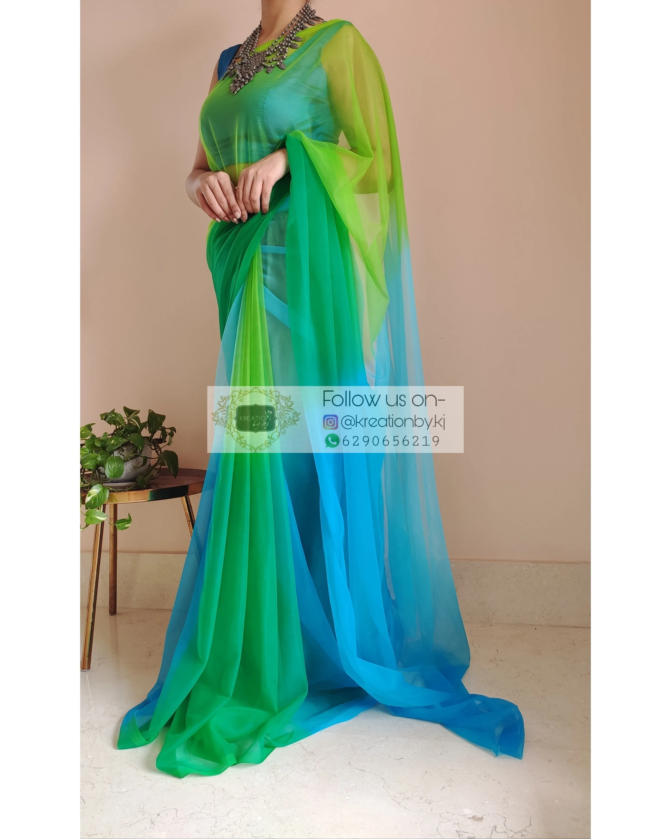 Blue And Green Ombré Dip Dyed Net Saree