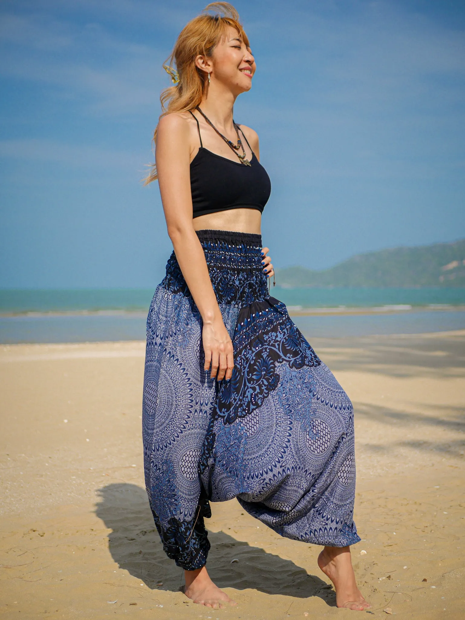 Blue Floral Mandala Low Cut Harem Pants