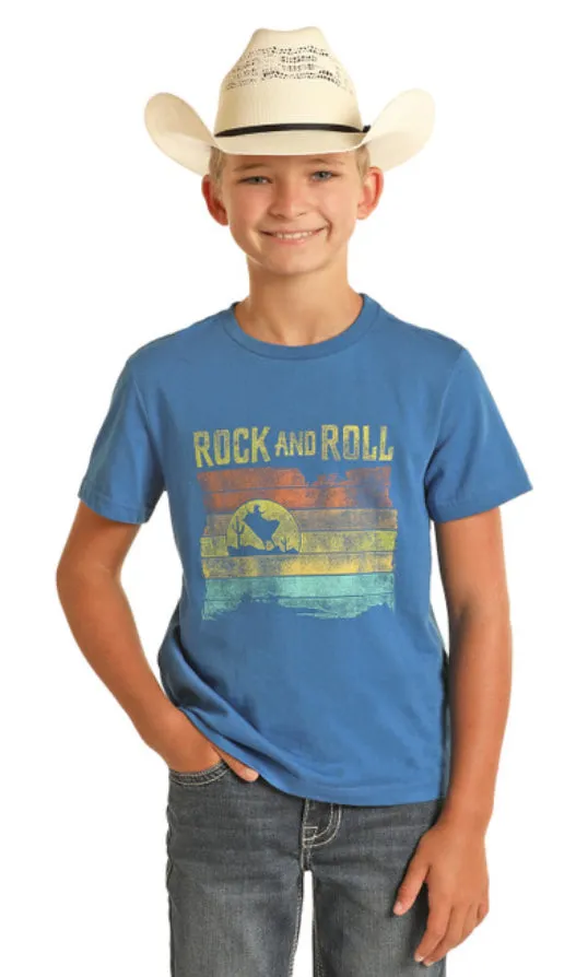 Boys Blue Rock And Roll Retro bull rider Tshirt