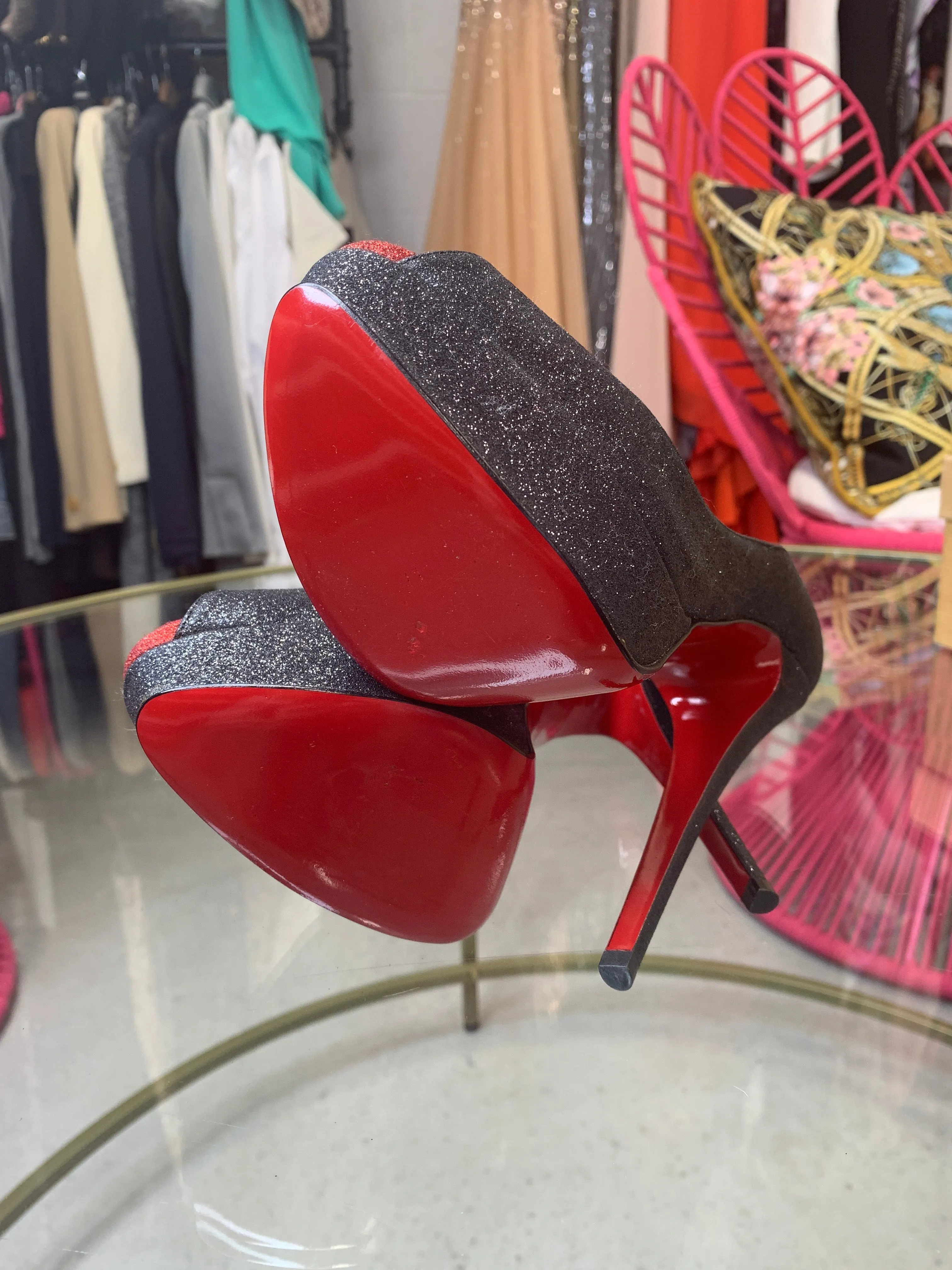 Brand New Louboutin Lady Peep black Red Glitter 39