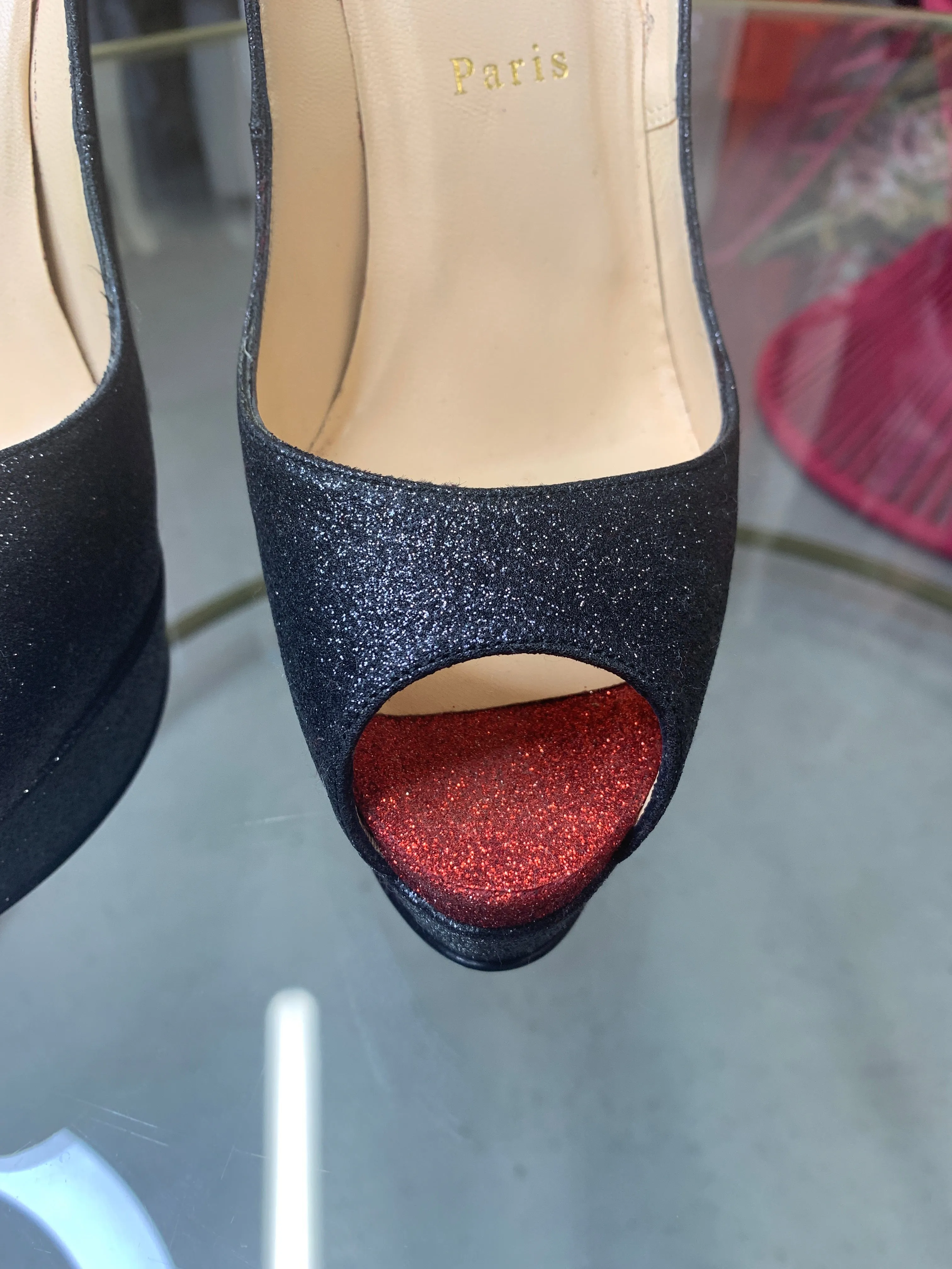 Brand New Louboutin Lady Peep black Red Glitter 39