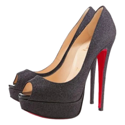 Brand New Louboutin Lady Peep black Red Glitter 39