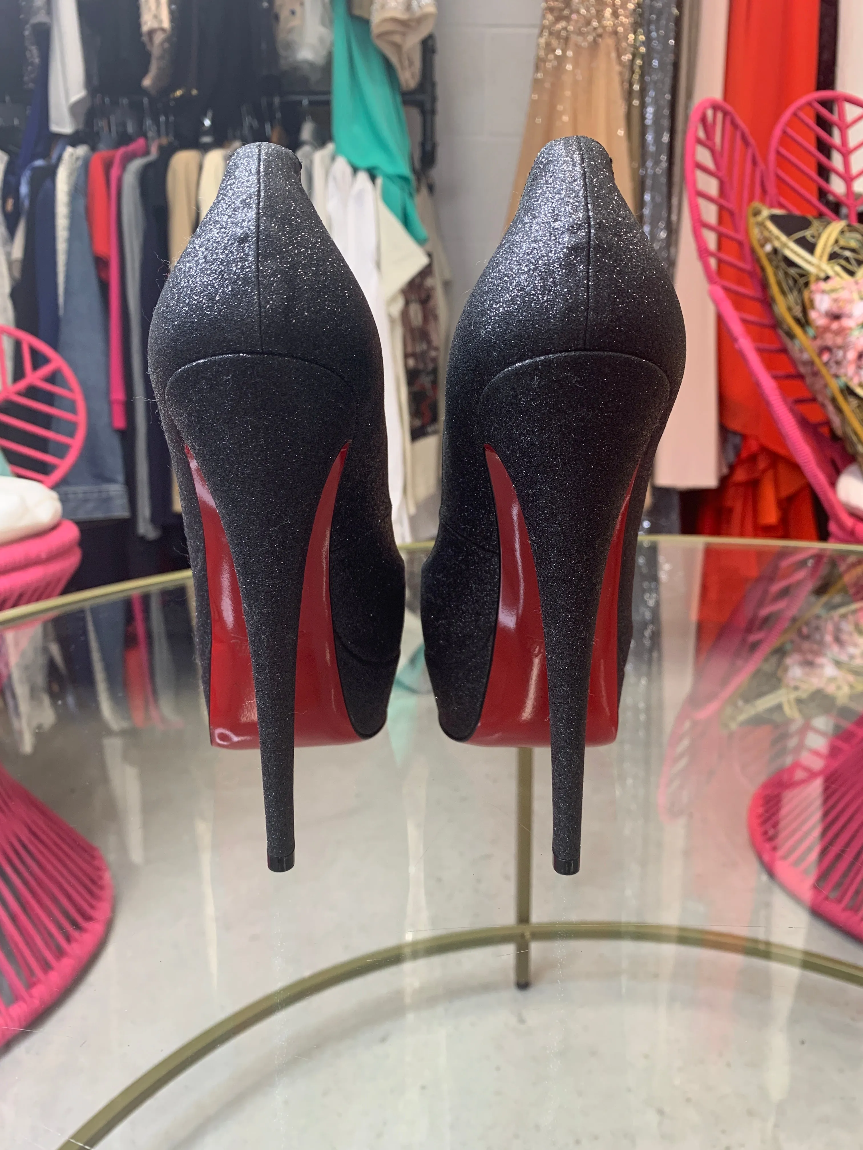 Brand New Louboutin Lady Peep black Red Glitter 39