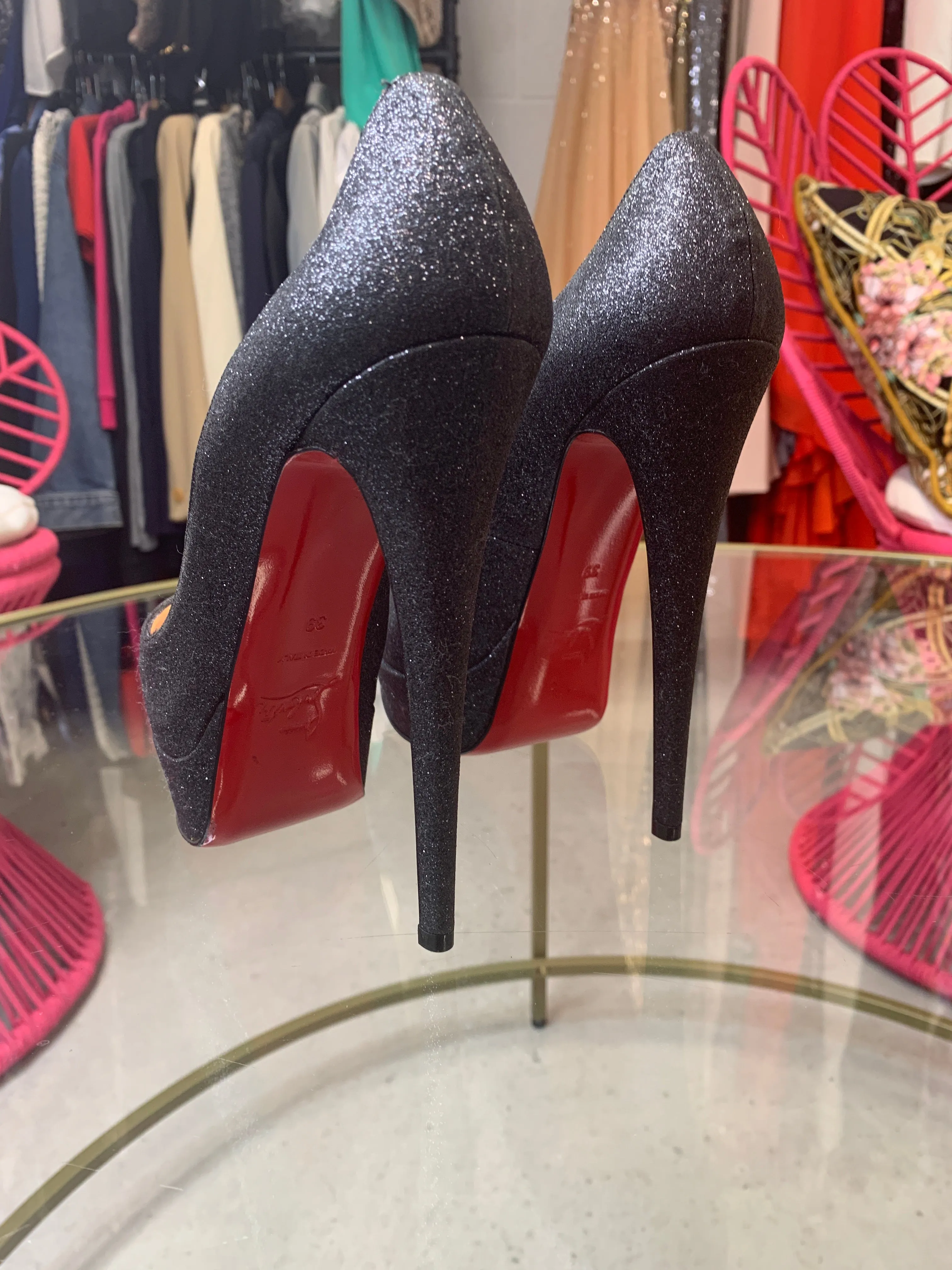 Brand New Louboutin Lady Peep black Red Glitter 39