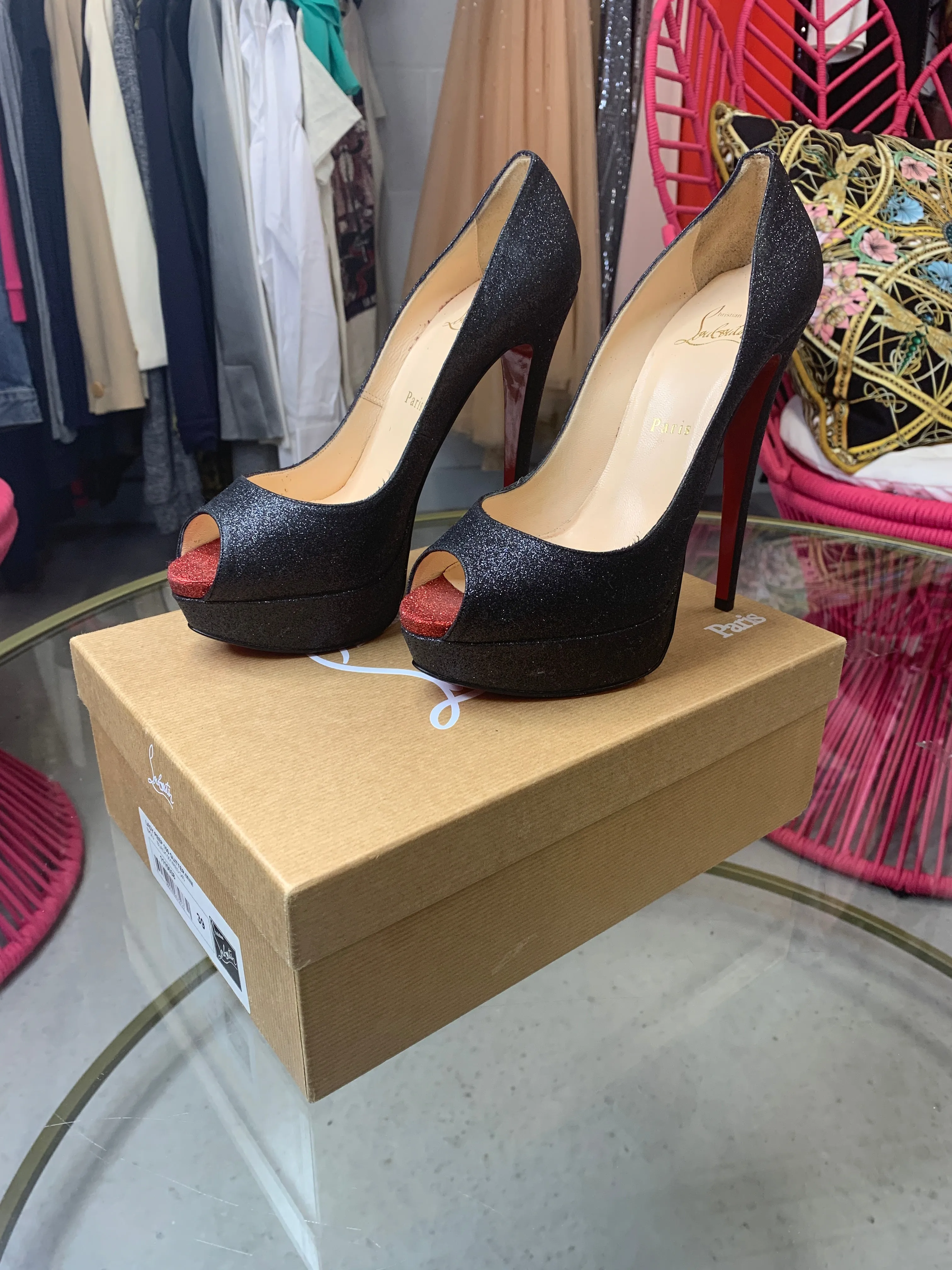 Brand New Louboutin Lady Peep black Red Glitter 39