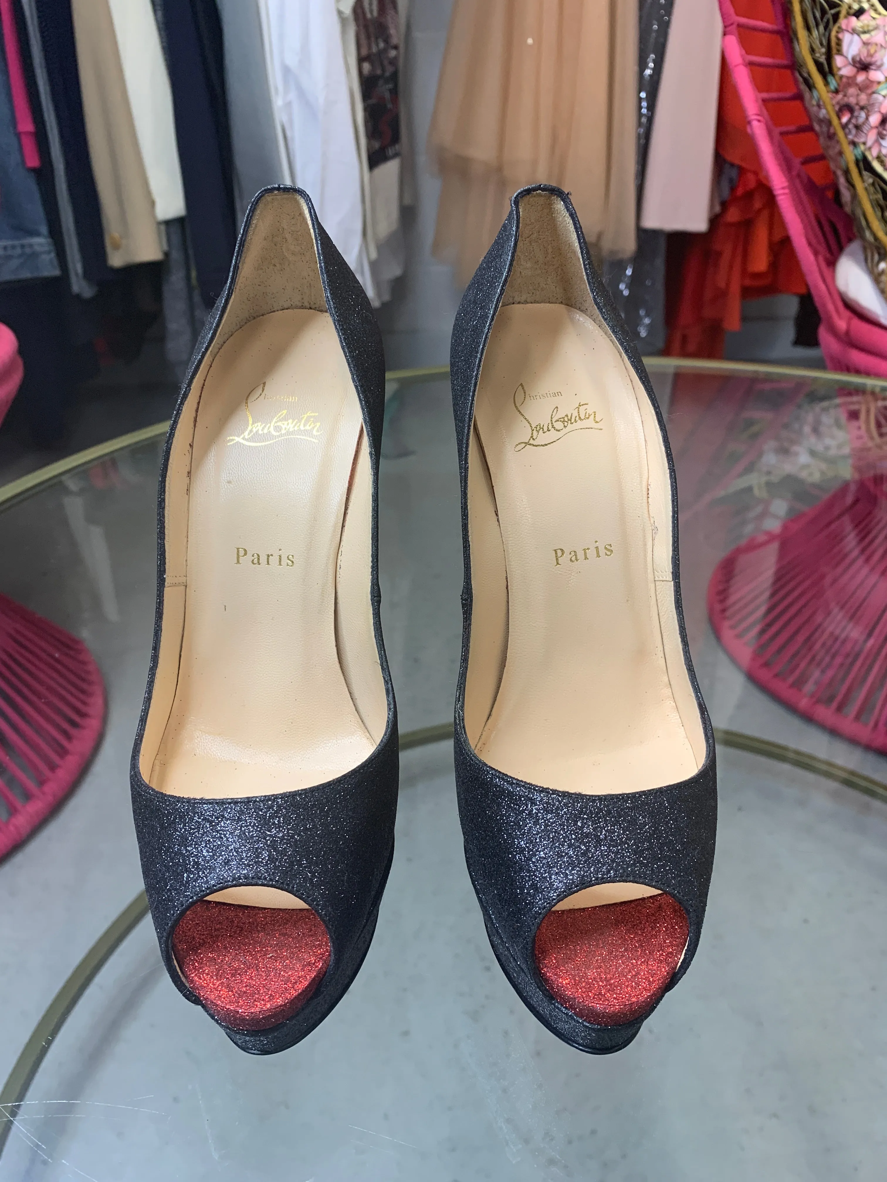 Brand New Louboutin Lady Peep black Red Glitter 39