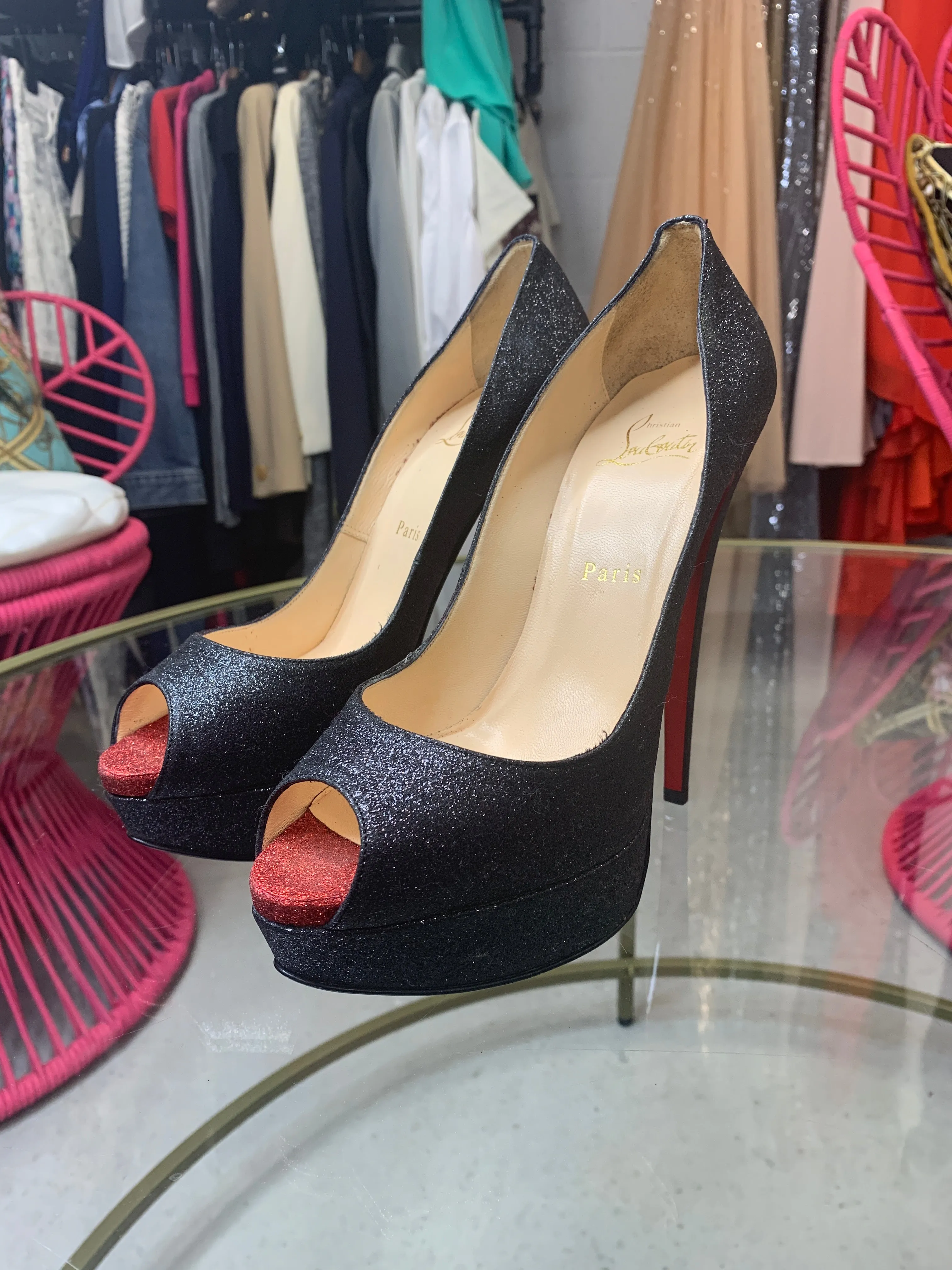 Brand New Louboutin Lady Peep black Red Glitter 39