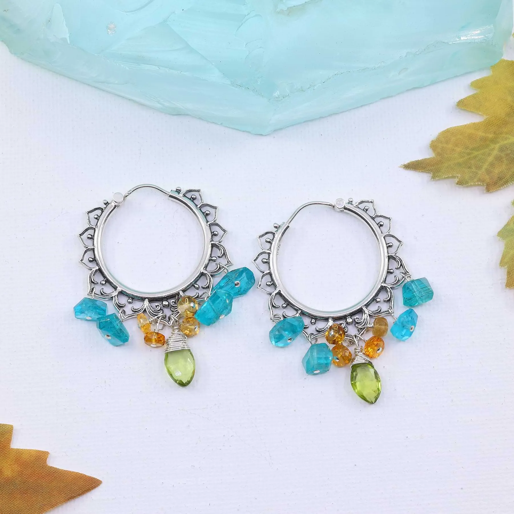 Breathe - Apatite Citrine Peridot Silver Hoop Earrings