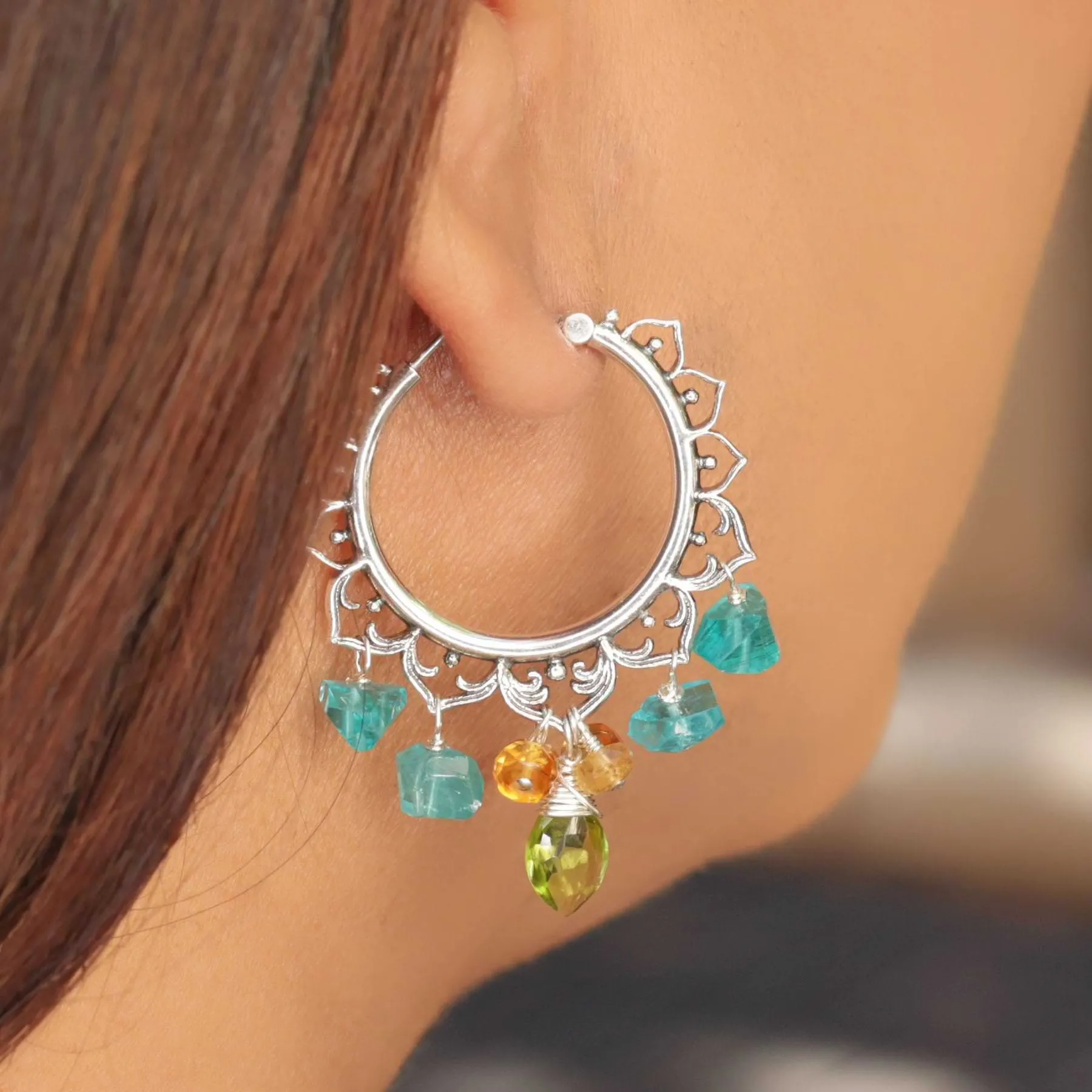 Breathe - Apatite Citrine Peridot Silver Hoop Earrings