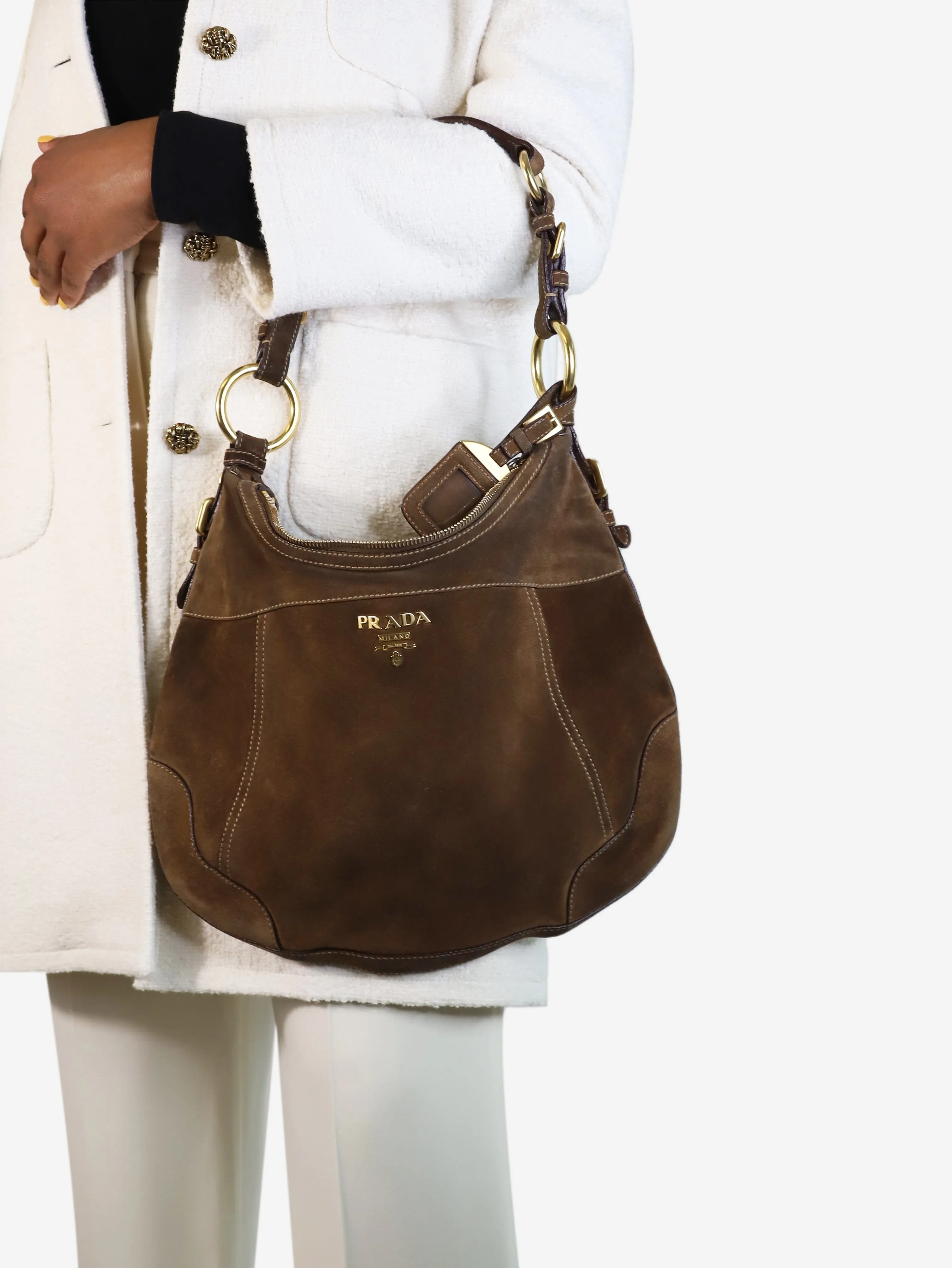 Brown suede shoulder bag