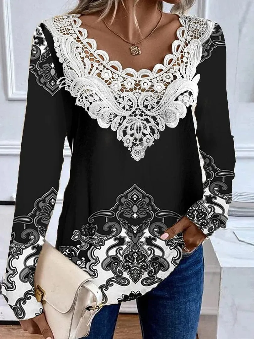 Casual Floral Long Sleeve Shirt Blouse for Women with Lace Patchwork