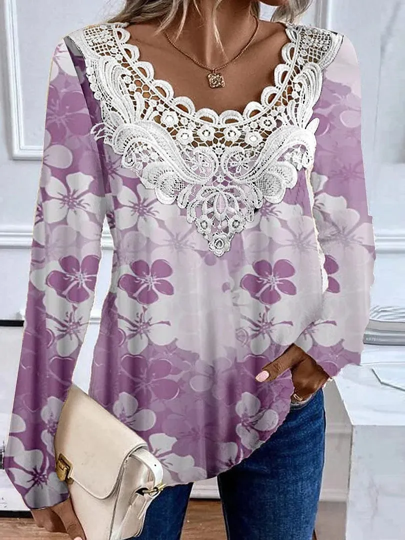 Casual Floral Long Sleeve Shirt Blouse for Women with Lace Patchwork