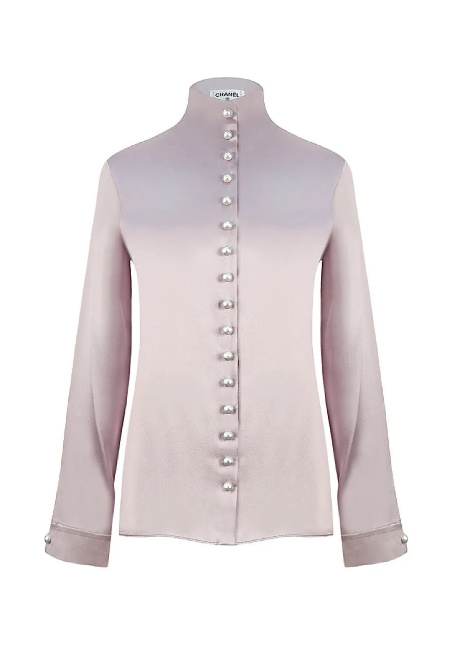 Chanel Satin Silk Pearl CC logo buttons Ivory Blouse FR 38