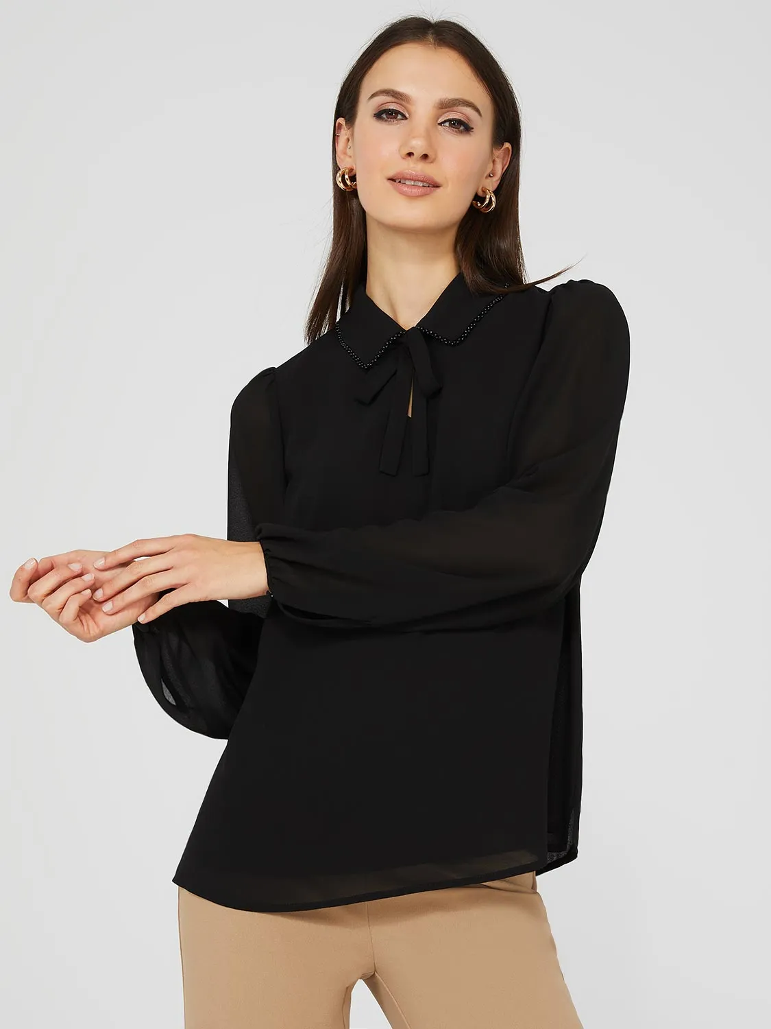 Chiffon Popover Blouse With Pearl Trim Collar