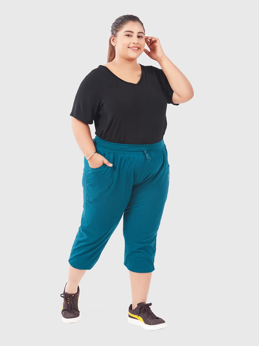 Cotton Capris For Women - Half Capri Pants - Teal Blue