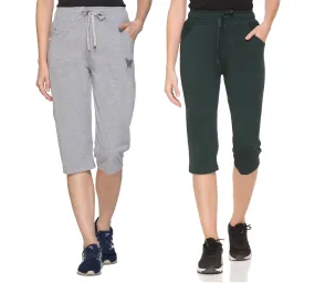 Cotton Capris For Women - Half Pants Pack of 2 (Grey & Bottle Green)